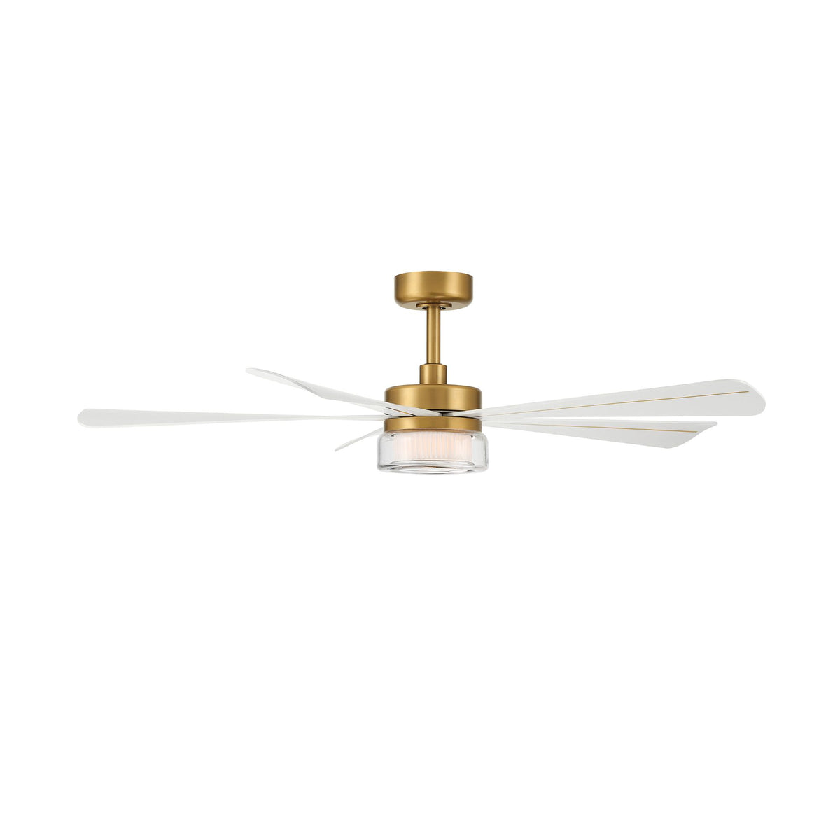 Brass ceiling fan motor mount with frosted LED light and white blades, side view