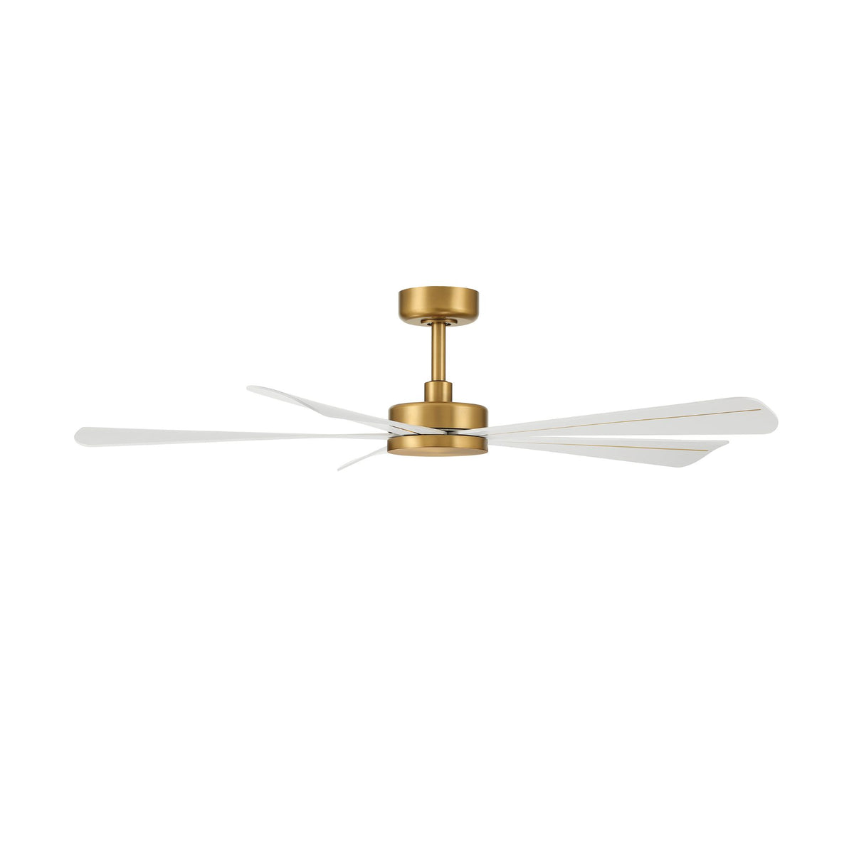 Brass ceiling fan with five white blades and frosted LED light, angled view