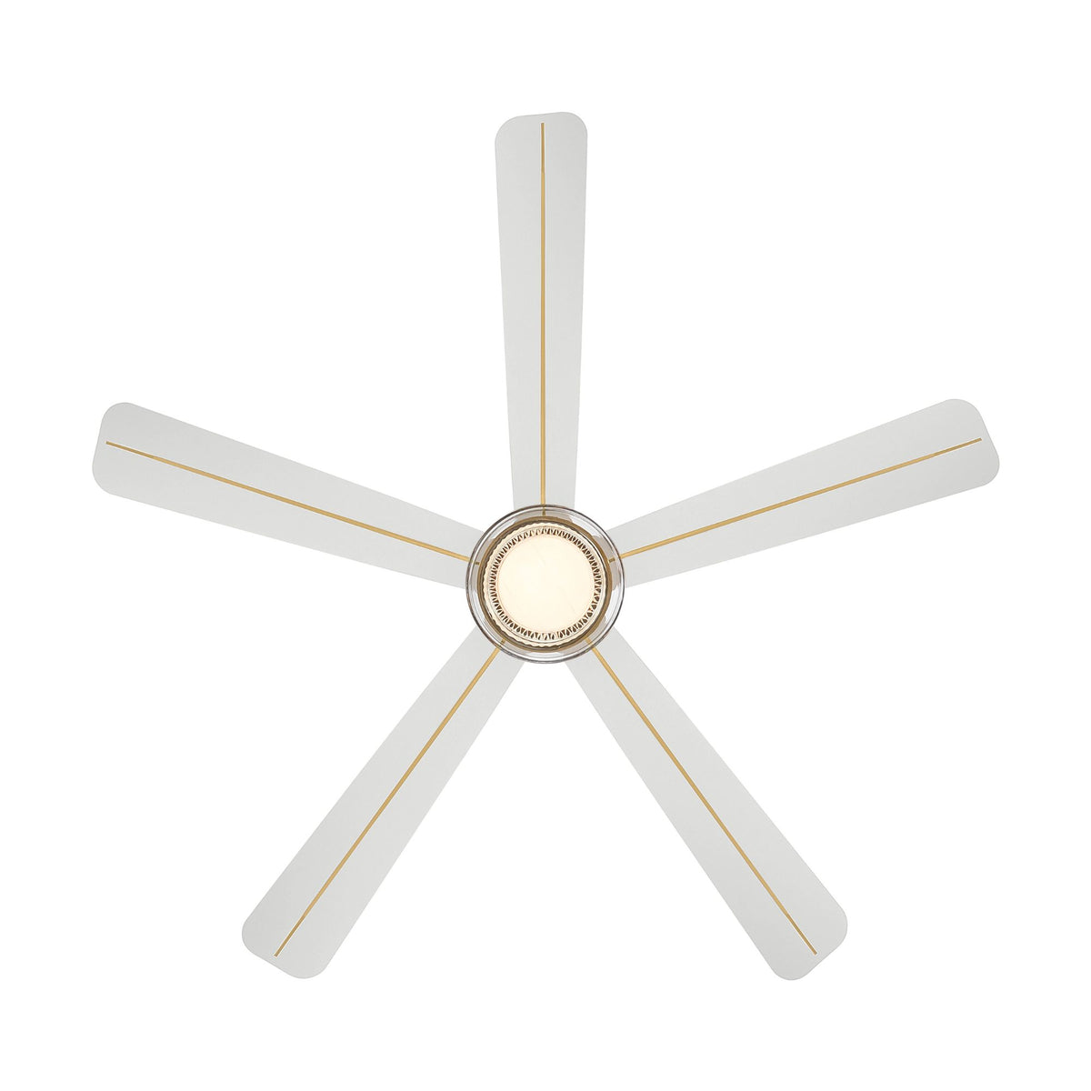 Five white ceiling fan blades with gold accents and central frosted LED light