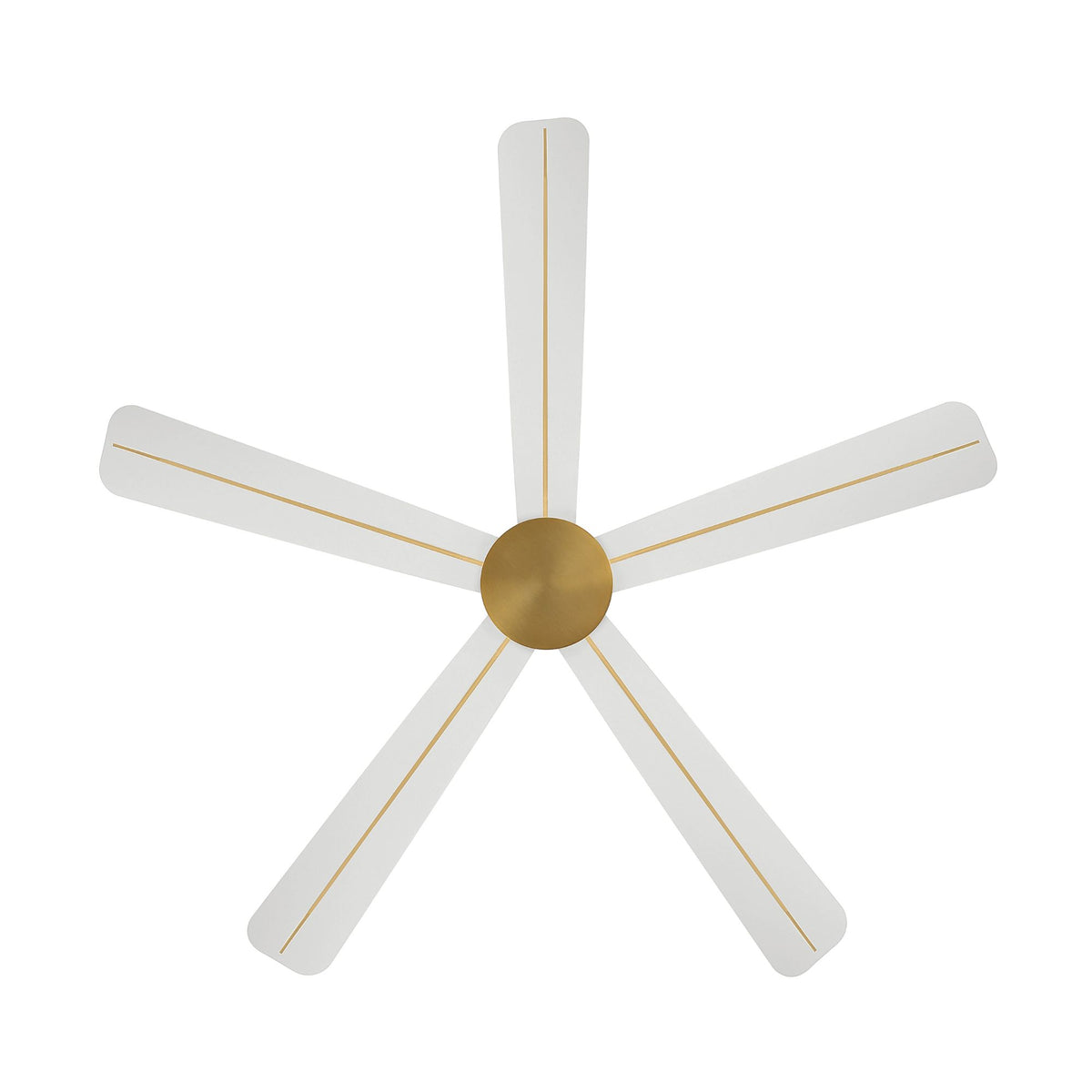 Five white fan blades with gold accents and round brass center cap, front view