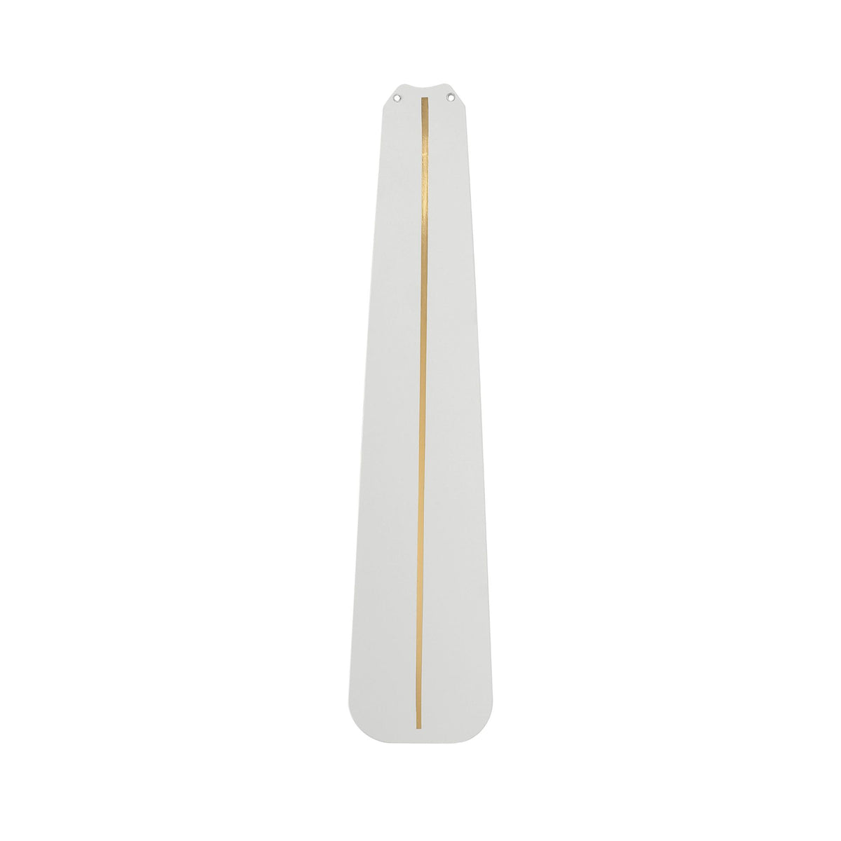 Ceiling fan blade with gold trim and smooth white finish, close-up