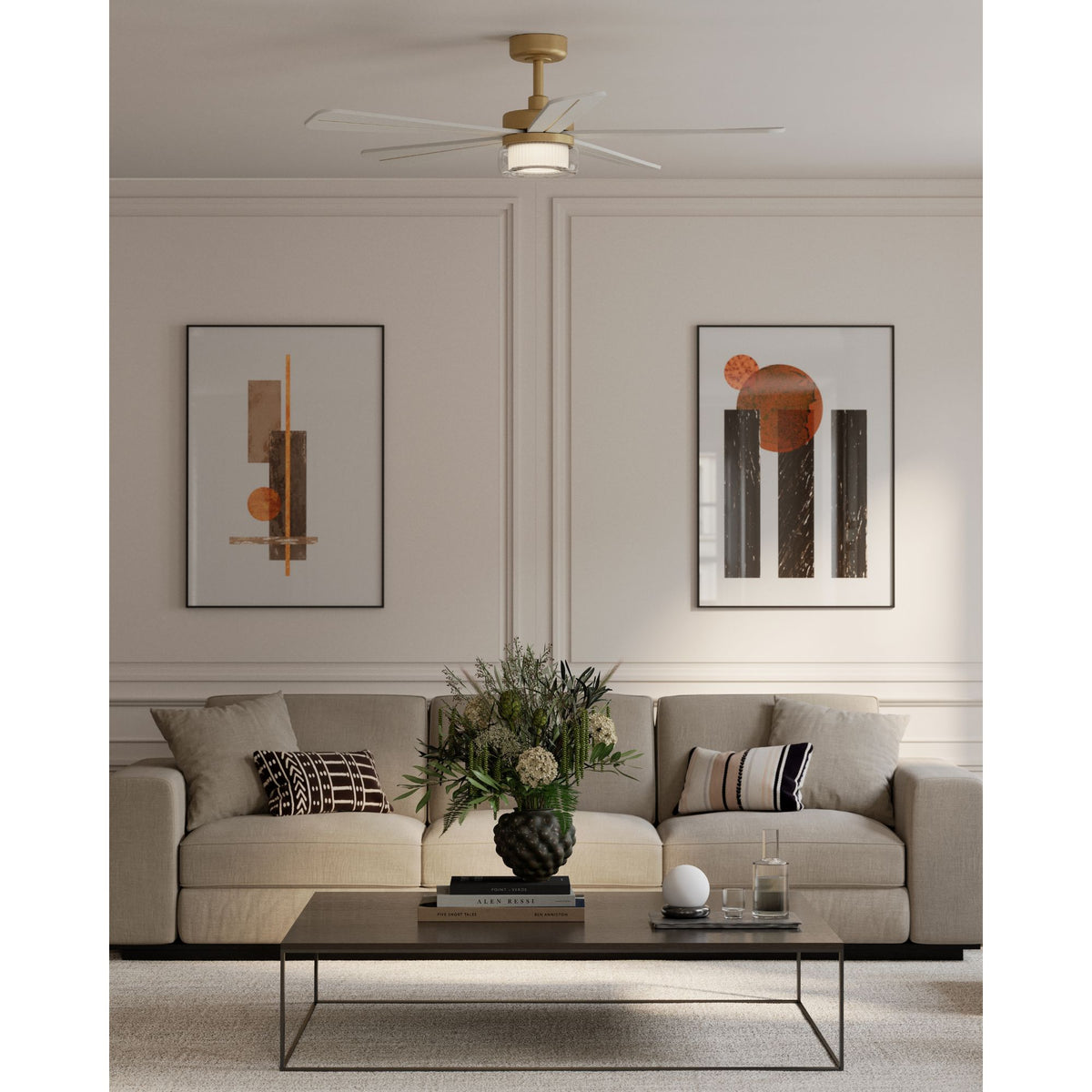 Smart ceiling fan with LED light mounted on ceiling, brass finish