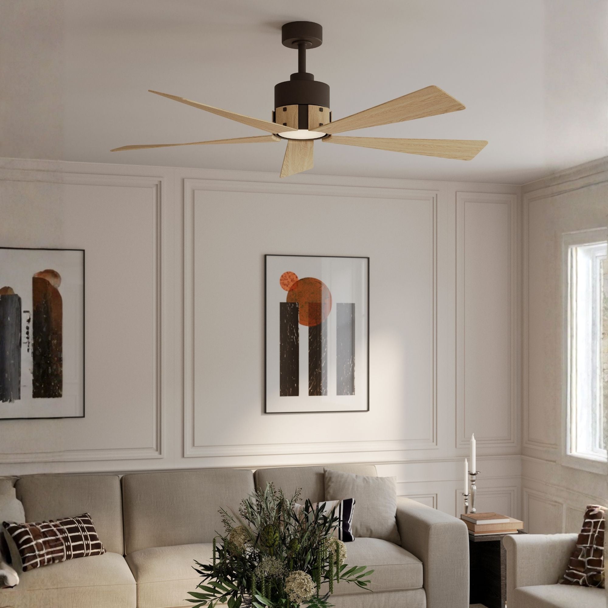Oovin 54" 5-CCT LED Smart Ceiling Fan, Dark Bronze with White Oak Blades
