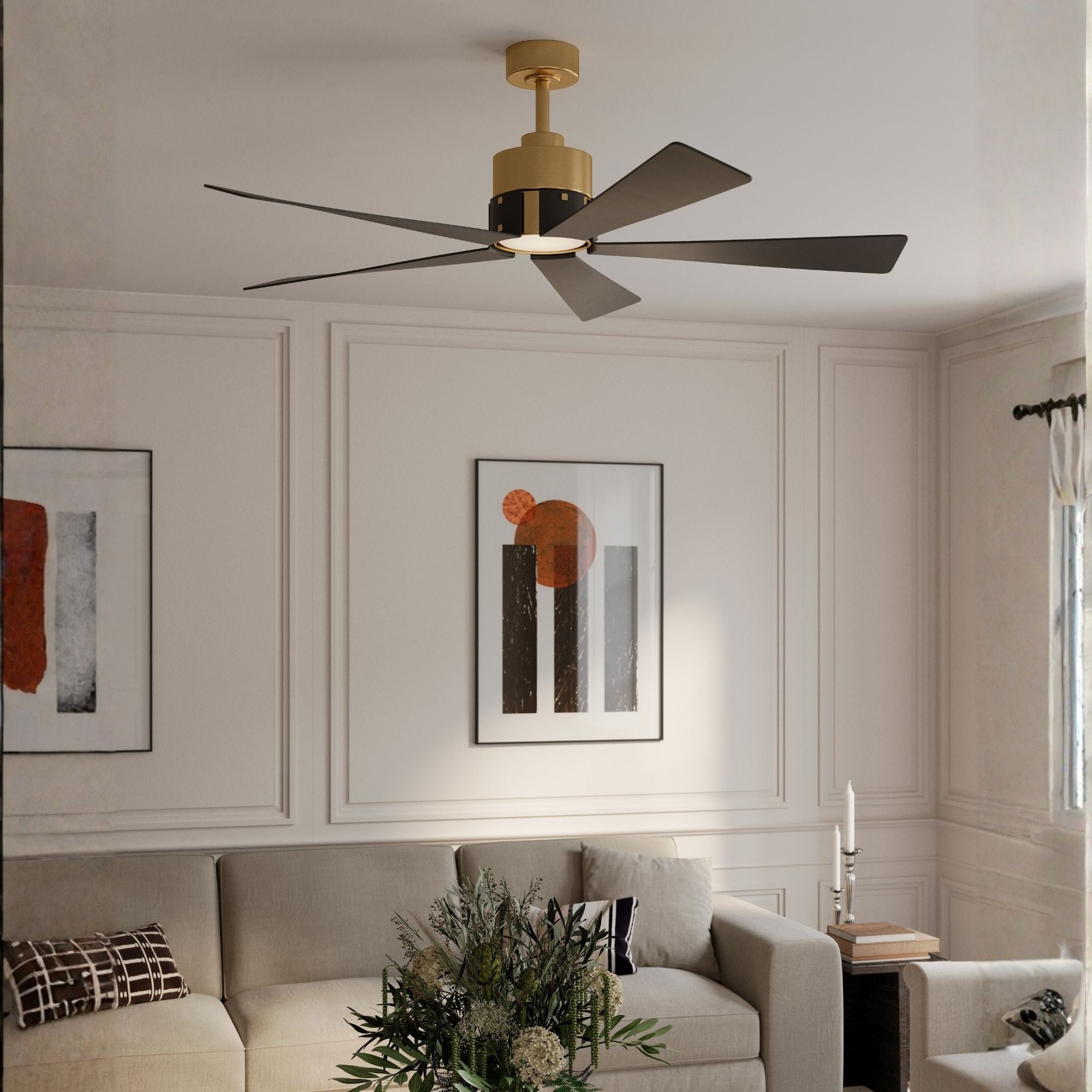 Oovin 54" 5-CCT LED Smart Ceiling Fan, Heritage Brass with Coal Blades