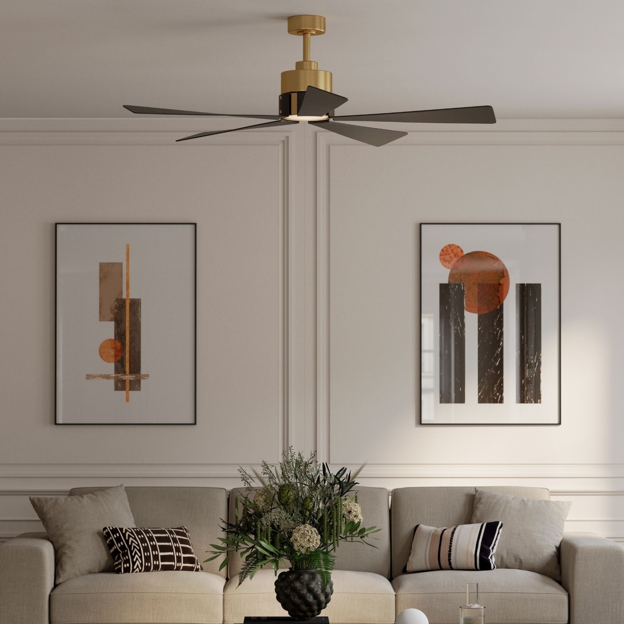 Oovin 54" 5-CCT LED Smart Ceiling Fan, Heritage Brass with Coal Blades