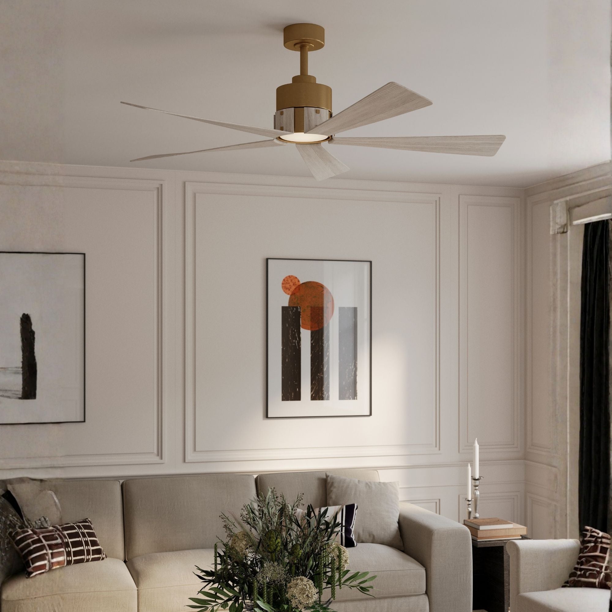 Oovin 54" 5-CCT LED Smart Ceiling Fan, Heritage Brass with Warm Coastal Driftwood Blades