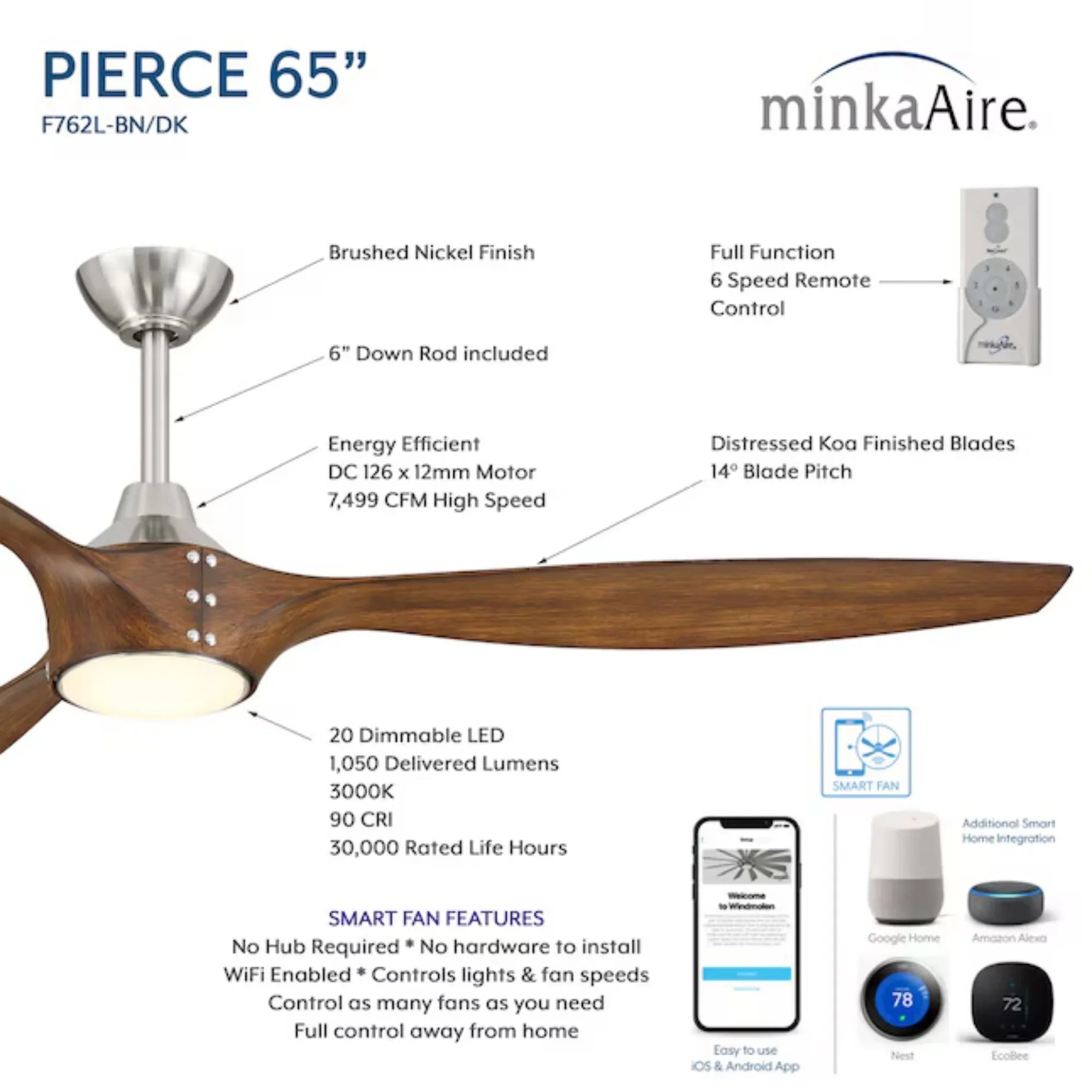 Pierce 65" Nickel LED Smart Ceiling Fan