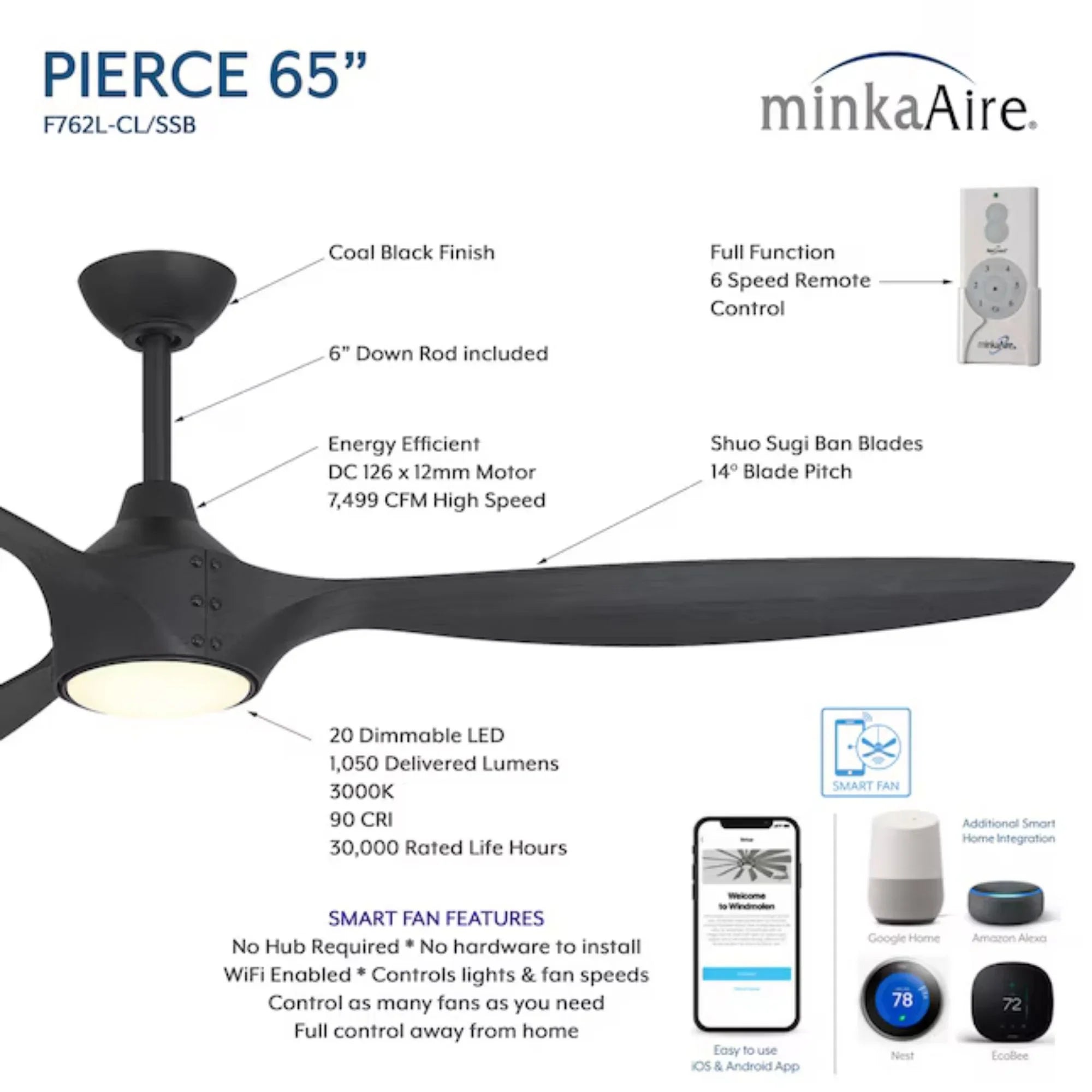 Pierce 65" Black Coal LED Smart Ceiling Fan