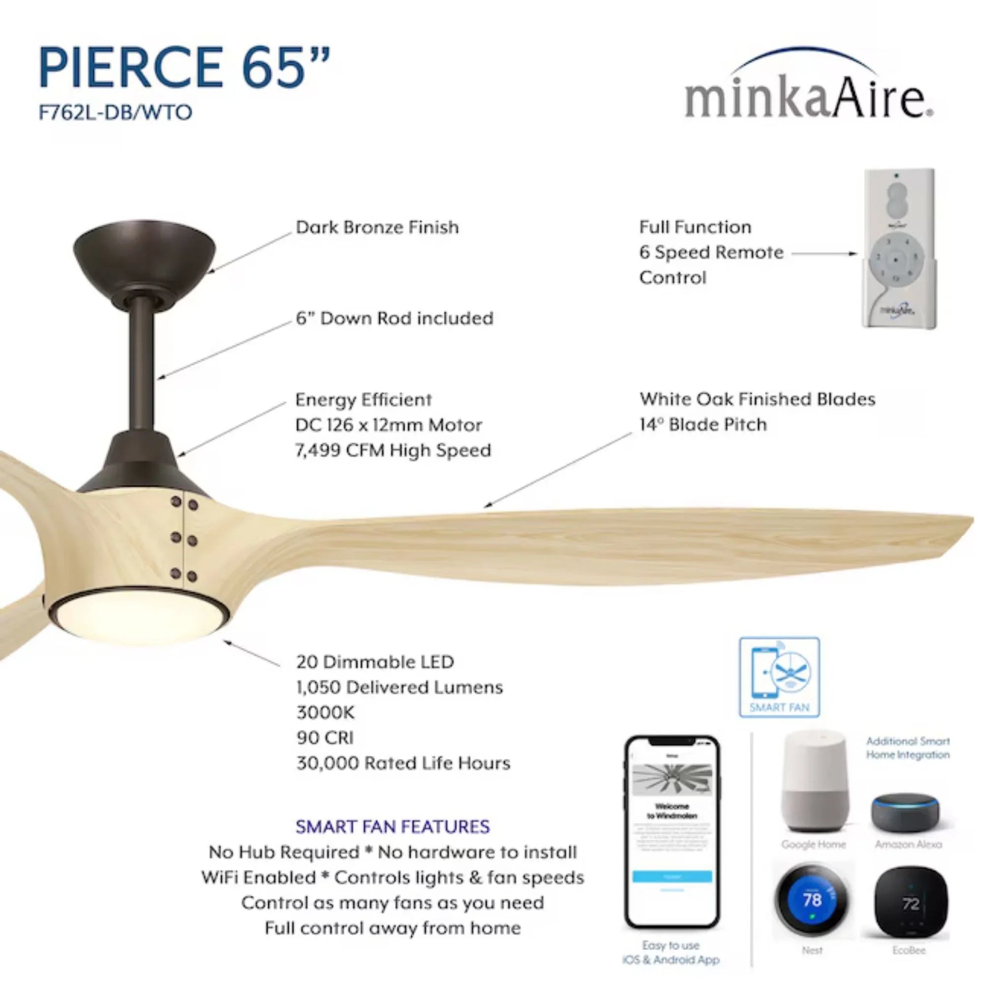 Pierce 65" Bronze LED Smart Ceiling Fan