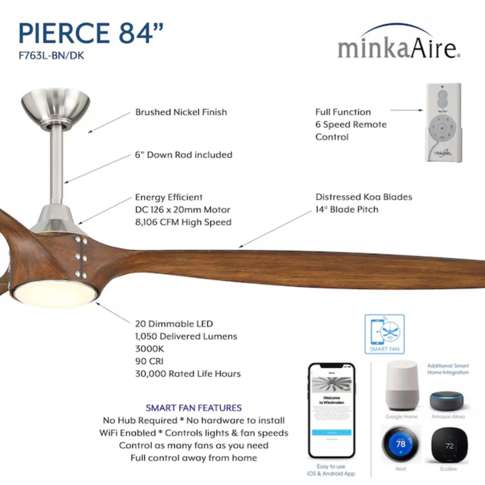 Pierce 84" Nickel Large LED Smart Ceiling Fan