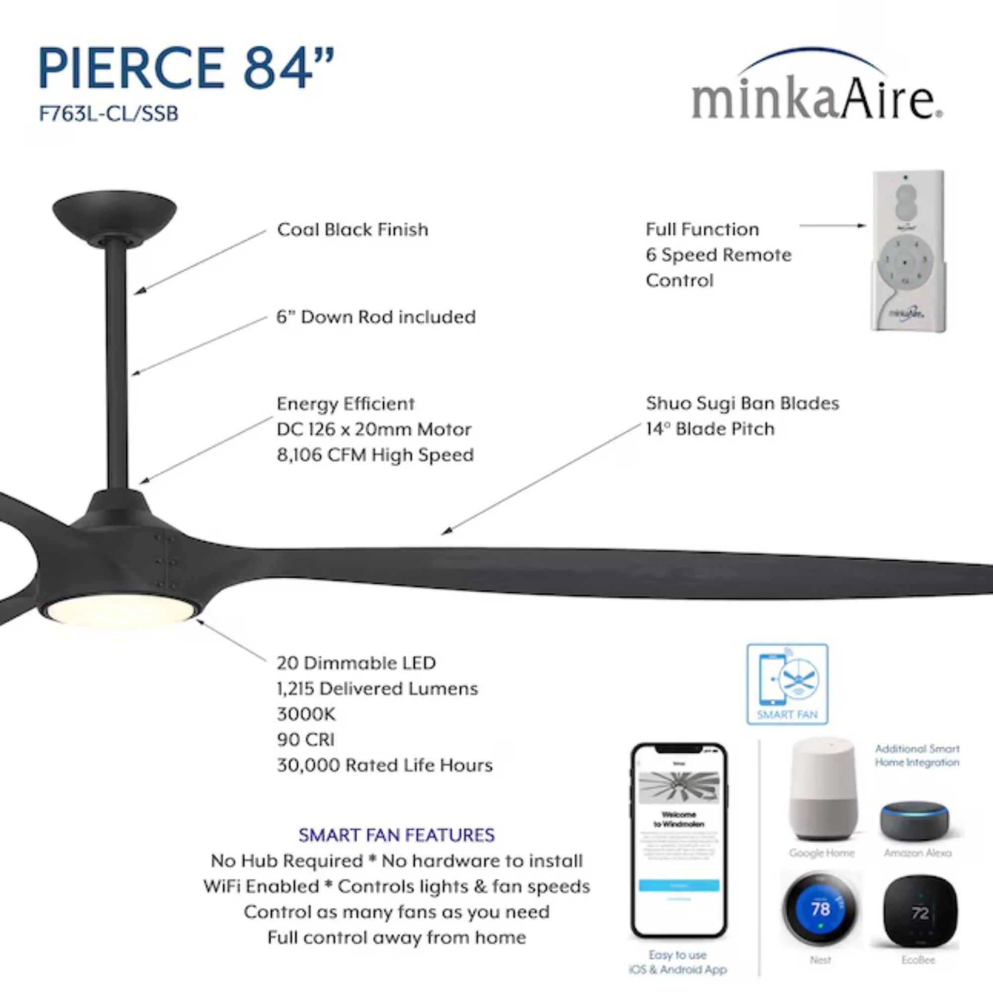 Pierce 84" Black Coal Large LED Smart Ceiling Fan