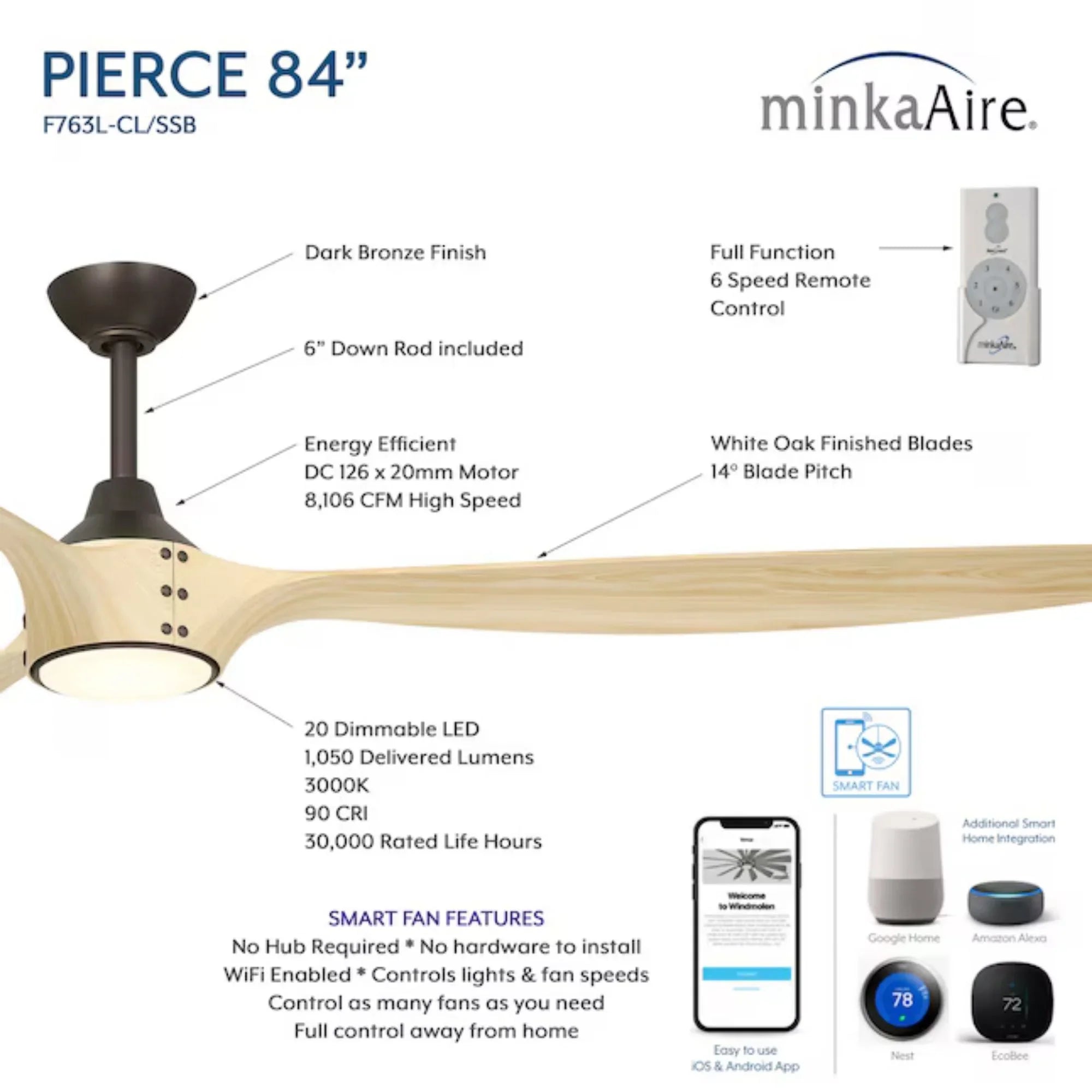 Pierce 84" Bronze Large LED Smart Ceiling Fan