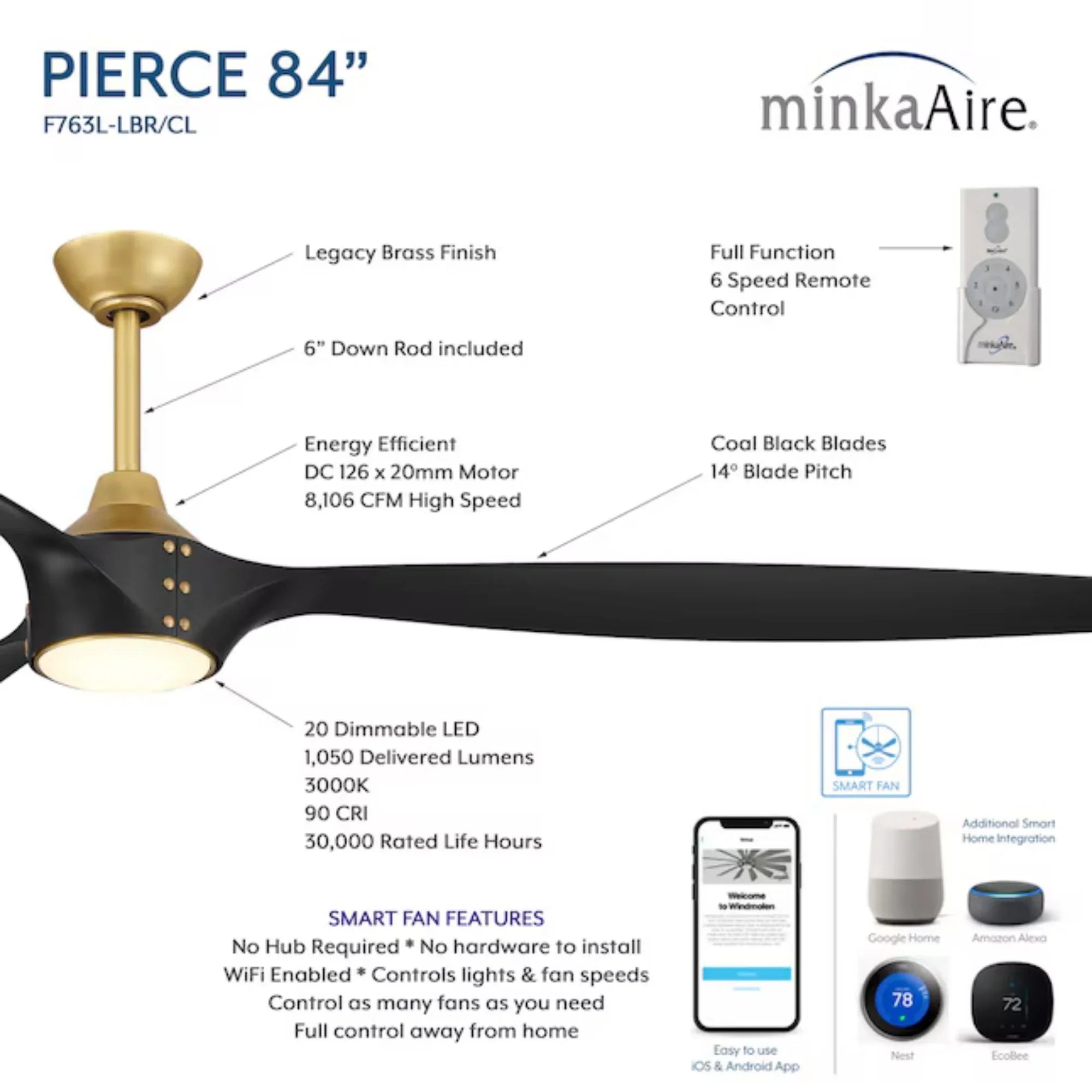 Pierce 84" Brass Large LED Smart Ceiling Fan