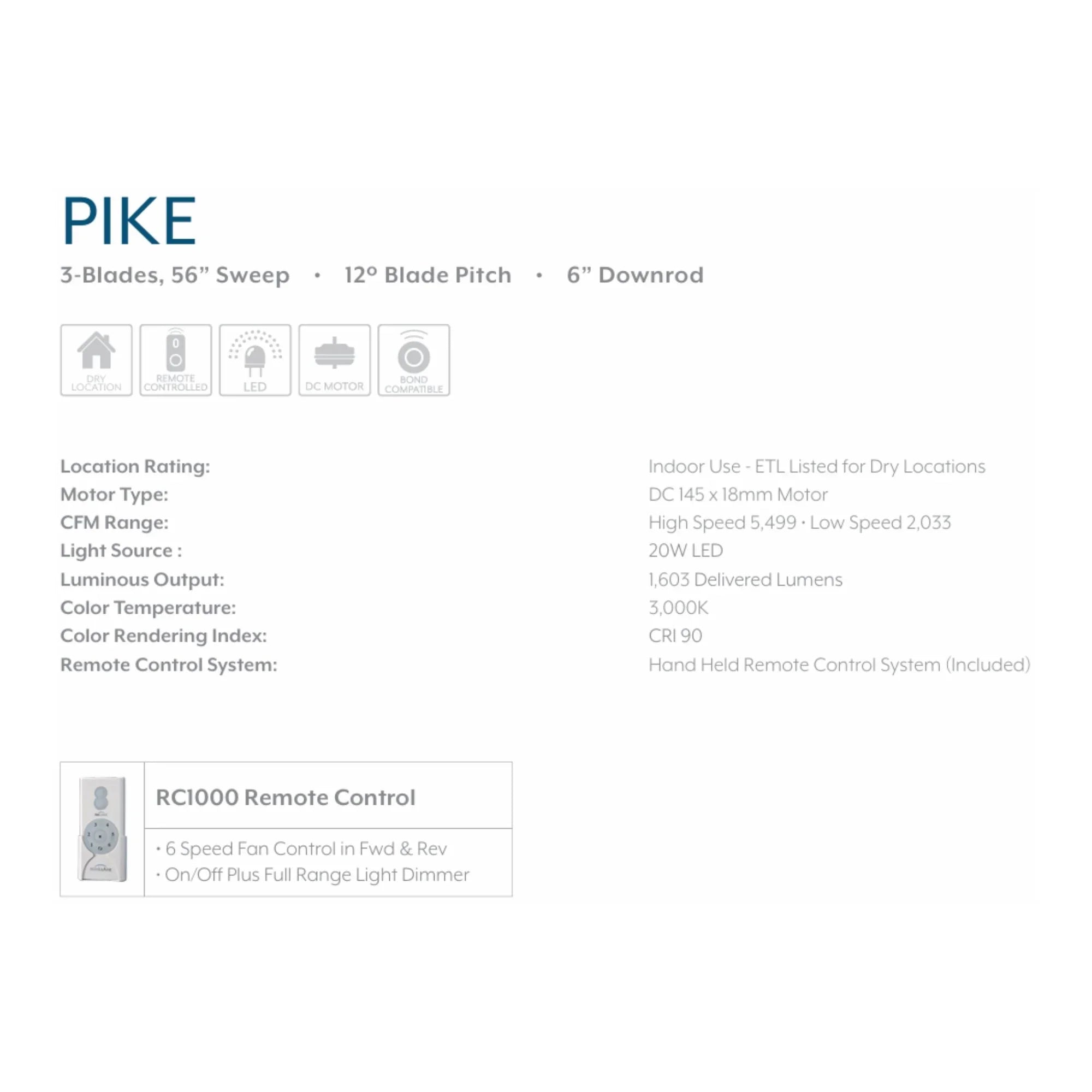 Pike 56" Brass Indoor Ceiling Fan with Light