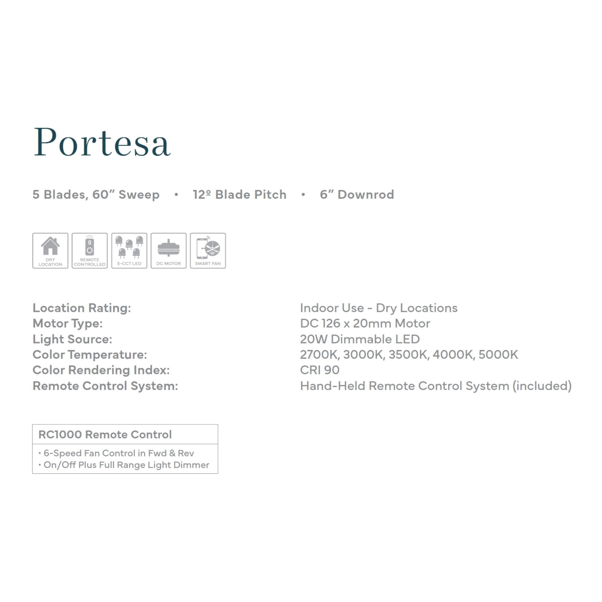 Portesa Tropical 60" 5-CCT LED Smart Ceiling Fan, Coal with Natural Palm Blades