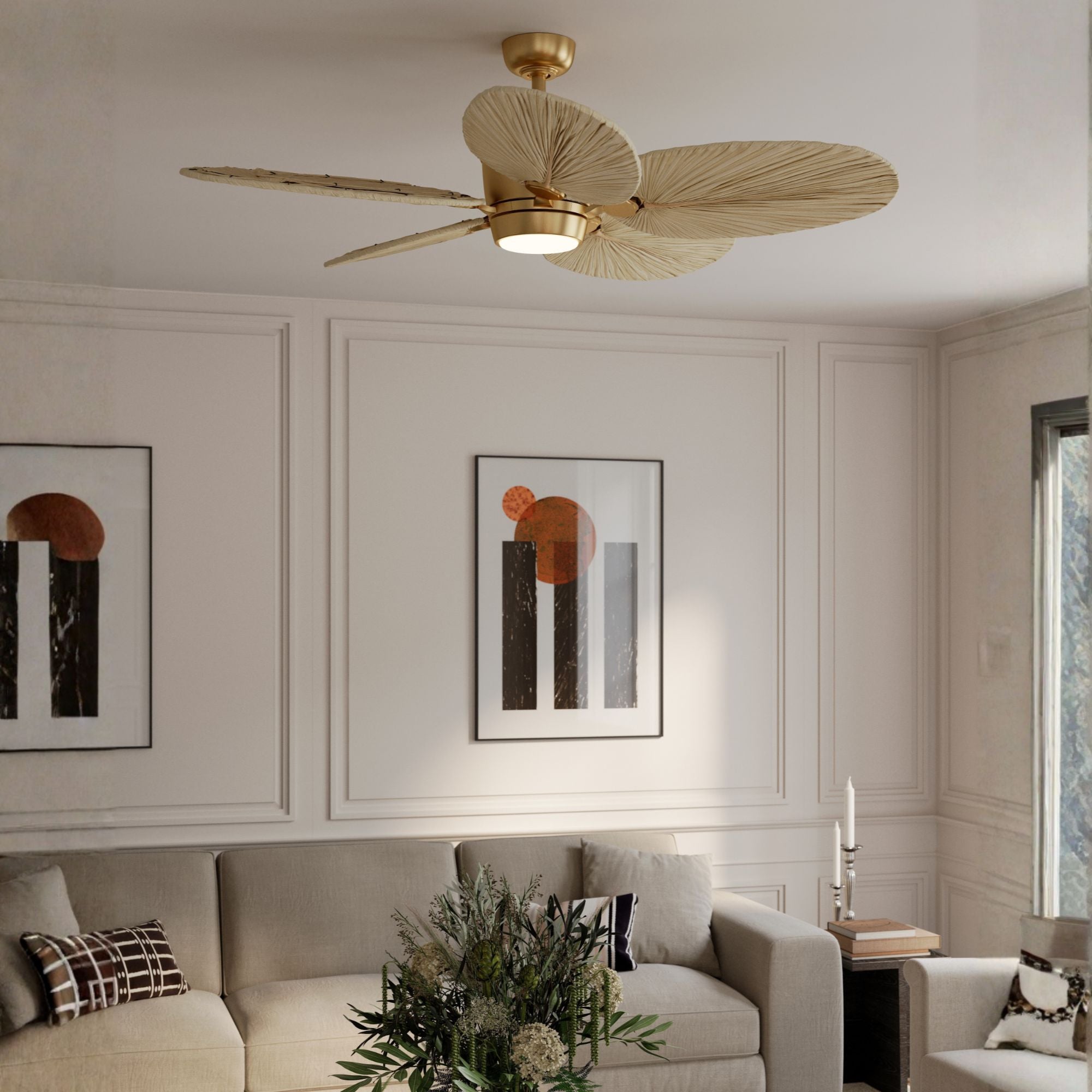 Portesa Tropical 60" 5-CCT LED Smart Ceiling Fan, Heritage Brass with Natural Palm Blades