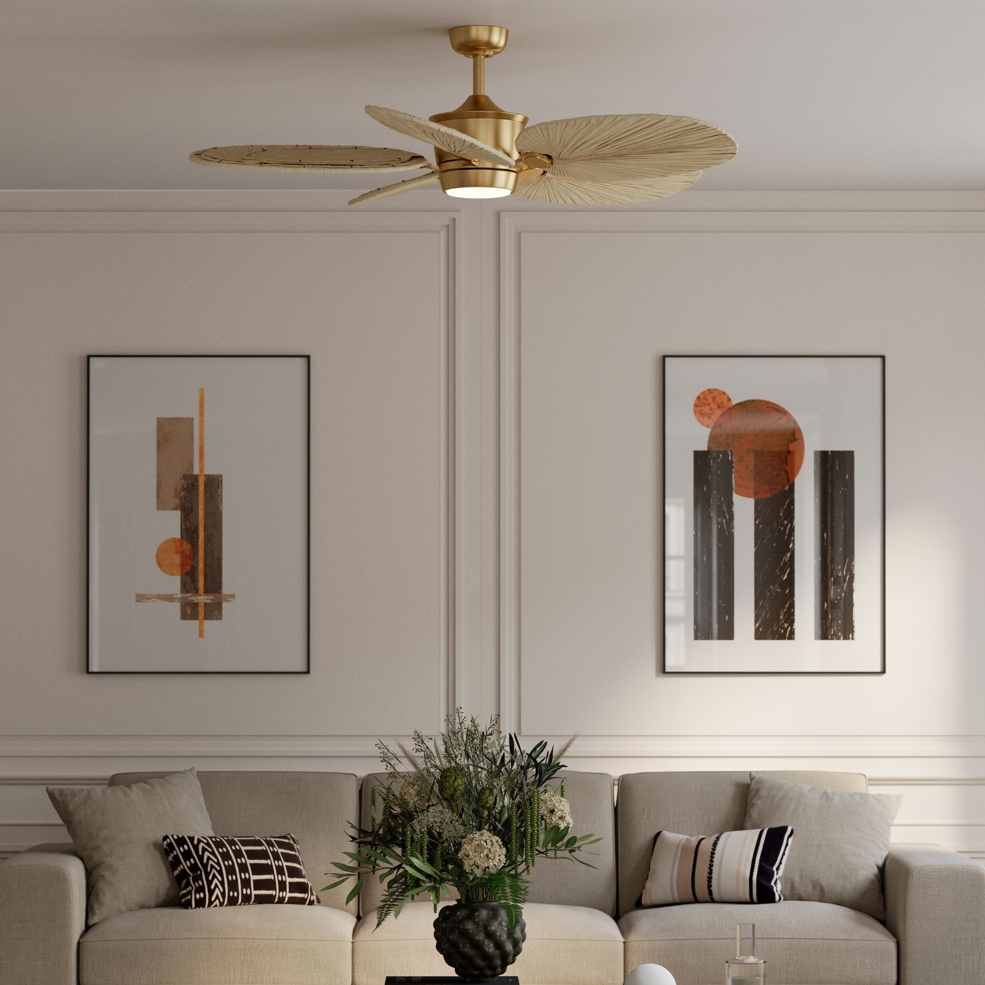 Portesa Tropical 60" 5-CCT LED Smart Ceiling Fan, Heritage Brass with Natural Palm Blades