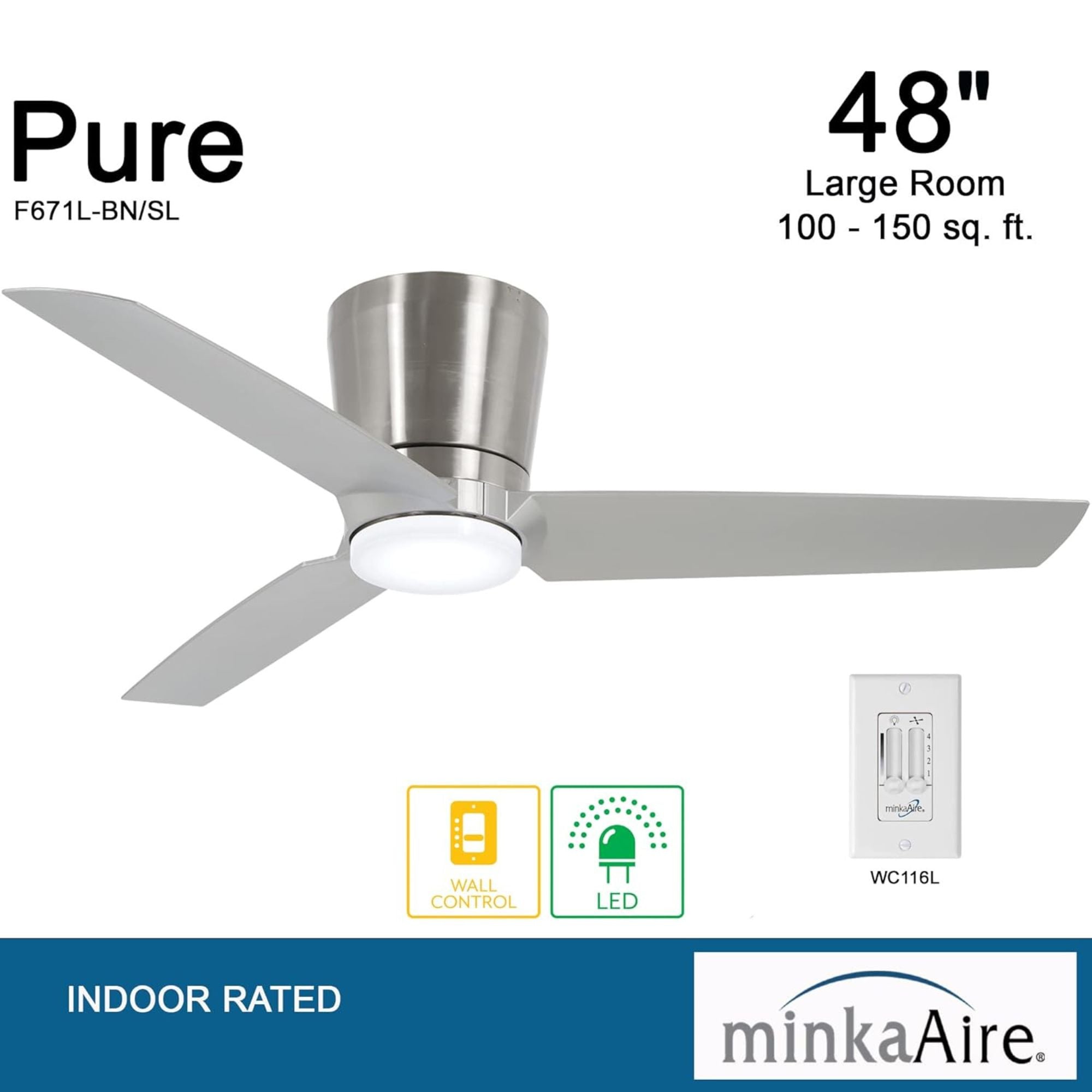 Pure 48" Brushed Nickel LED Flush Mount Ceiling Fan with Wall Control - Bees Lighting