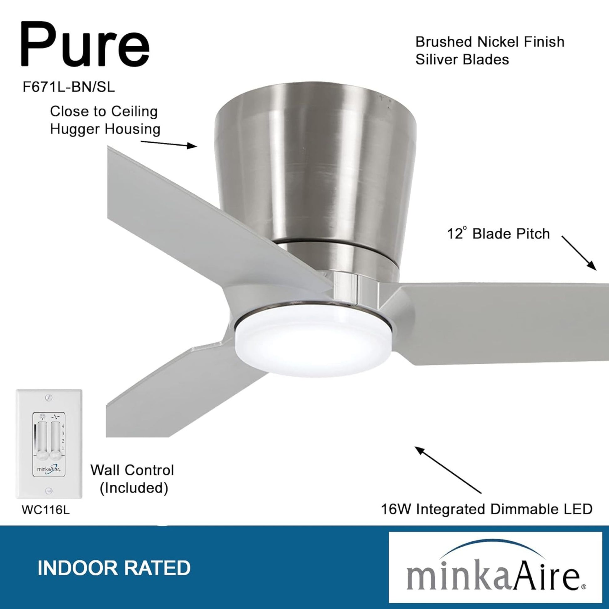 Pure 48" Brushed Nickel LED Flush Mount Ceiling Fan with Wall Control - Bees Lighting