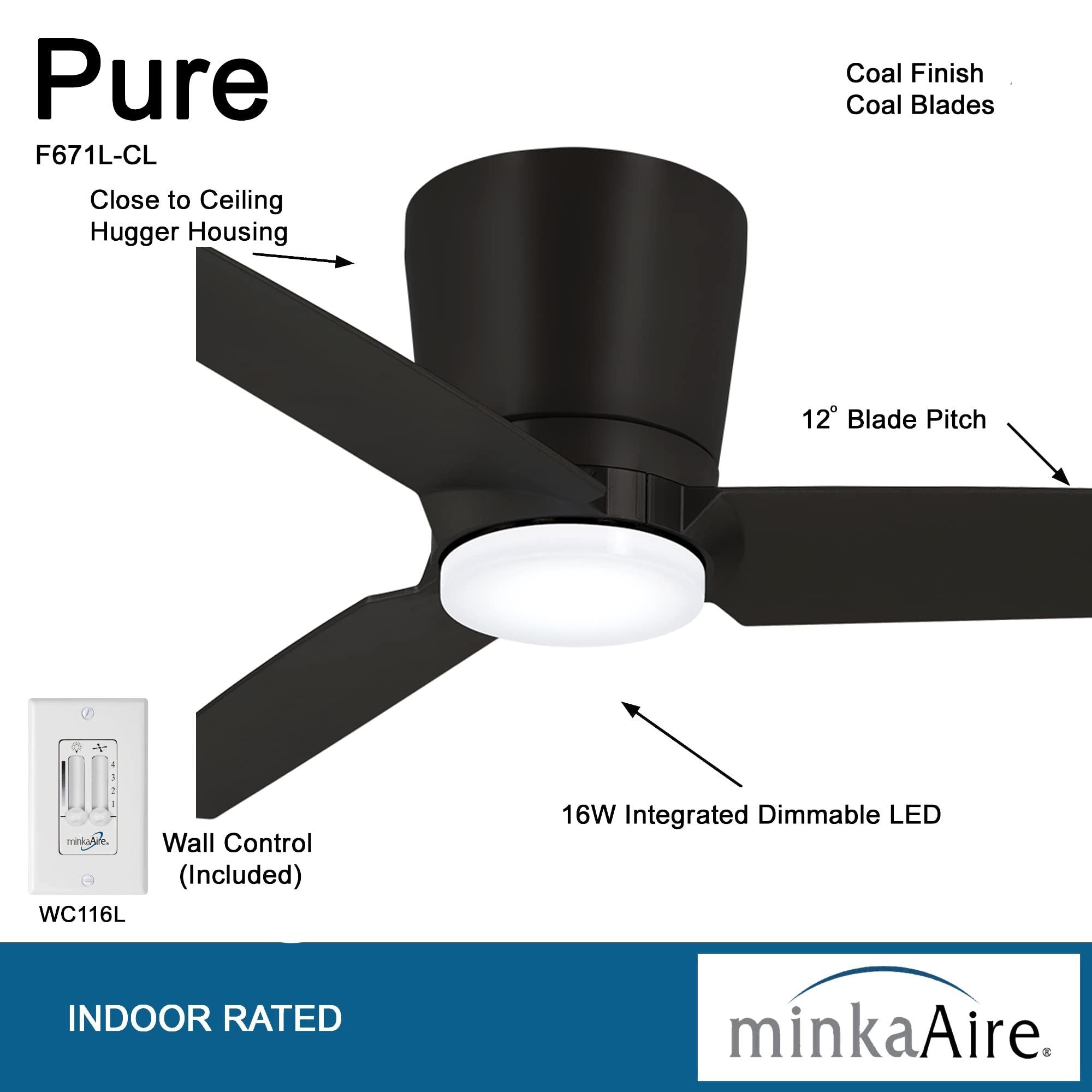 Pure 48" Black Coal LED Flush Mount Ceiling Fan with Wall Control - Bees Lighting