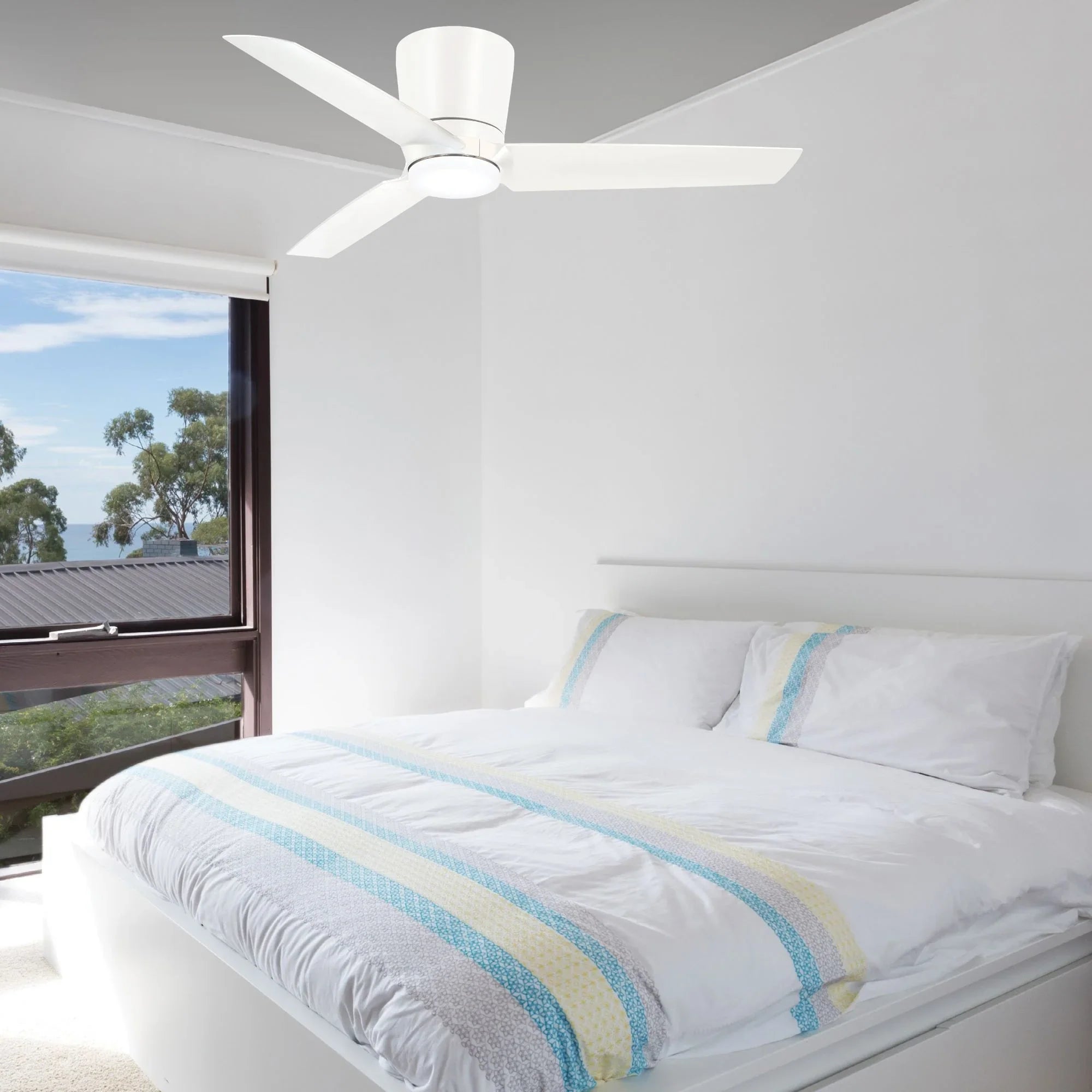 Pure 48" Flat White LED Flush Mount Ceiling Fan with Wall Control - Bees Lighting