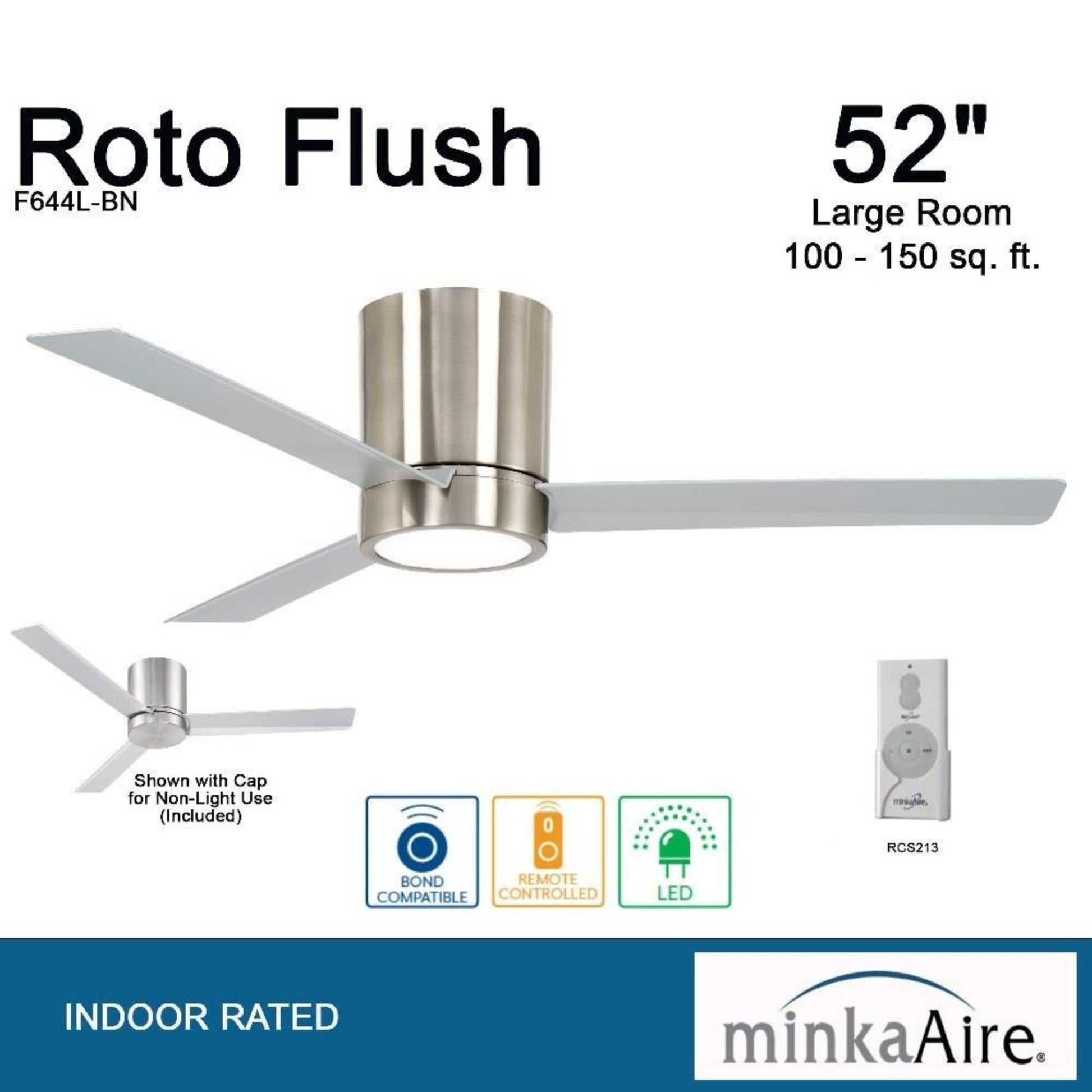 Roto Flush 52" Brushed Nickel LED Ceiling Fan with Remote Control - Bees Lighting