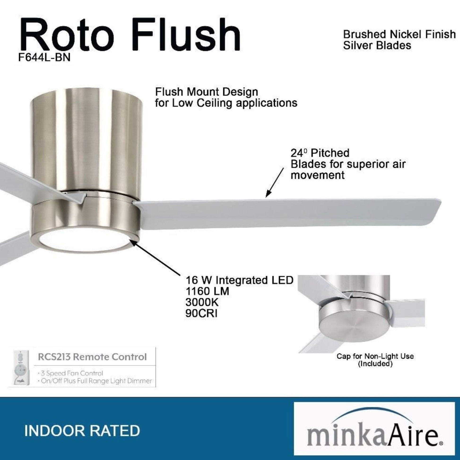 Roto Flush 52" Brushed Nickel LED Ceiling Fan with Remote Control - Bees Lighting