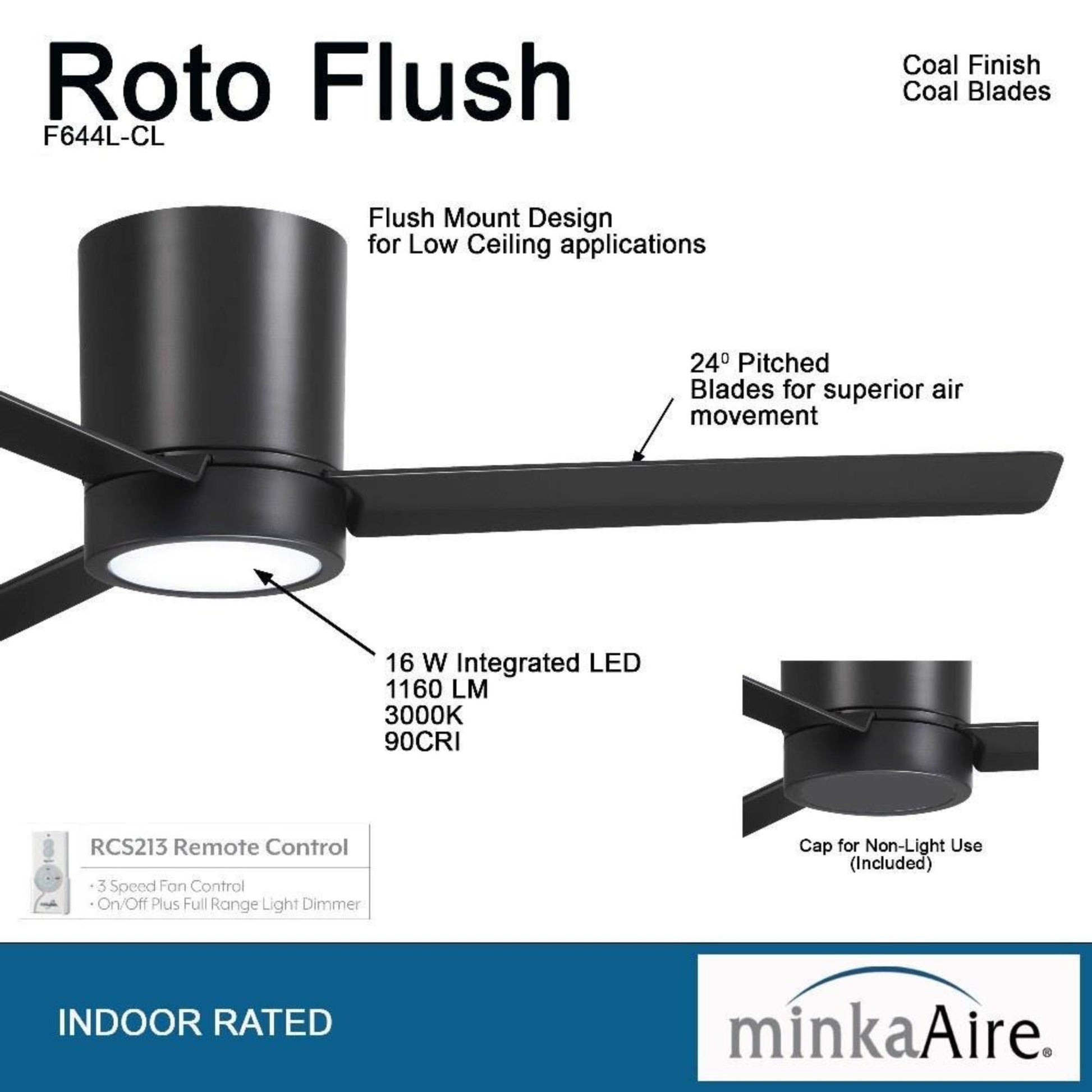 Roto Flush 52" Black Coal LED Ceiling Fan with Remote Control - Bees Lighting