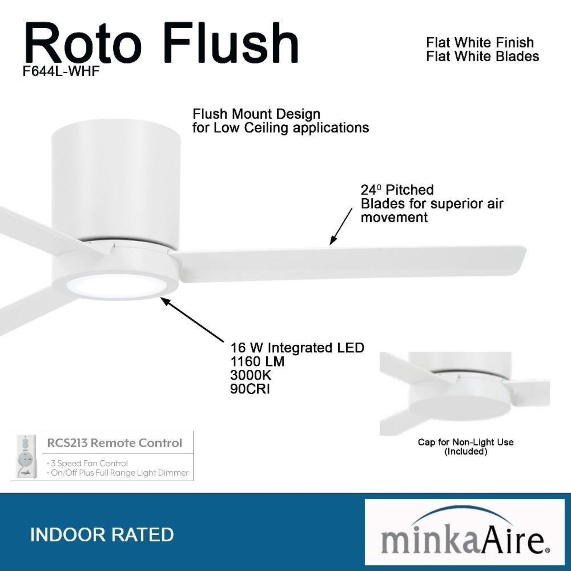 Roto Flush 52" White LED Ceiling Fan with Remote Control - Bees Lighting