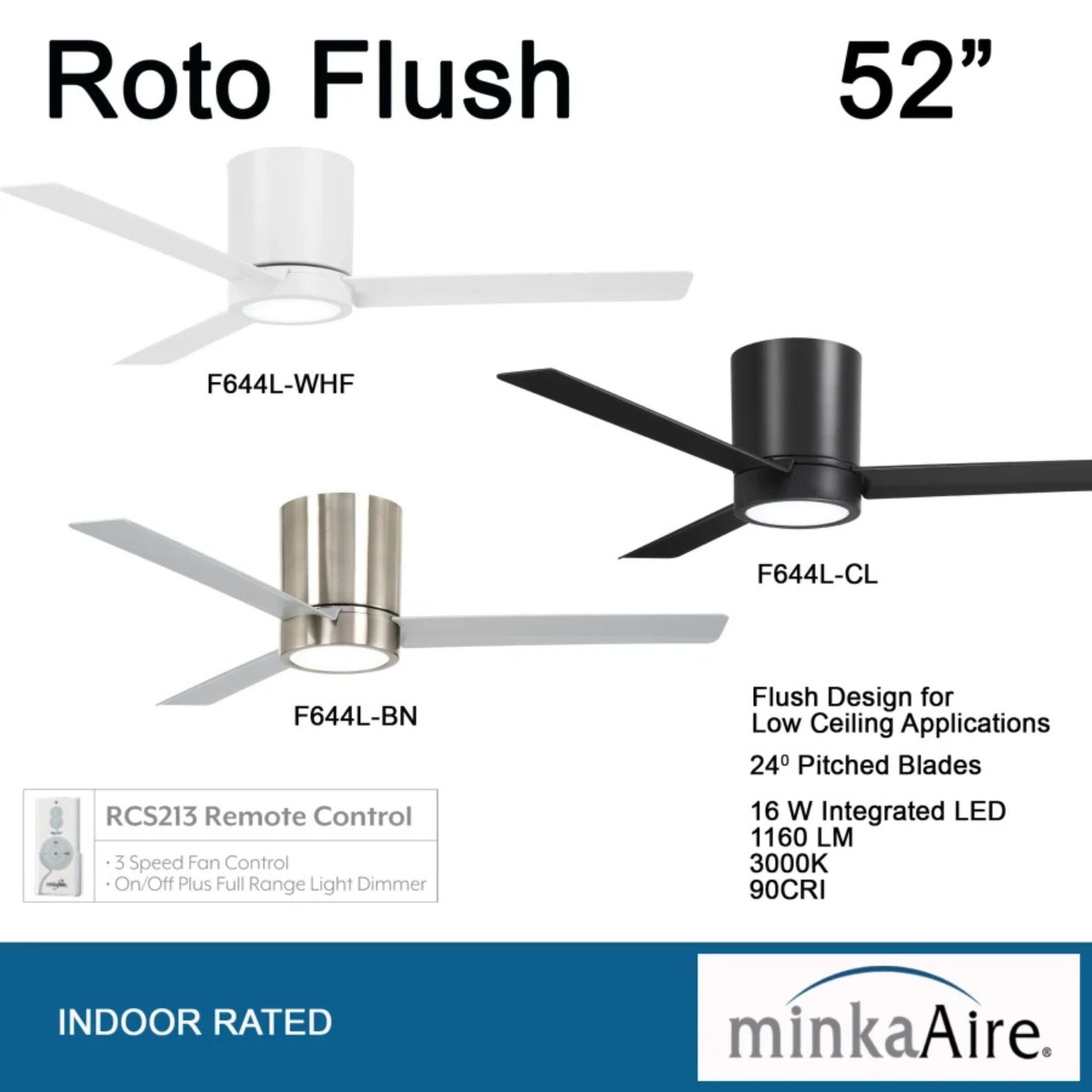 Roto Flush 52" White LED Ceiling Fan with Remote Control - Bees Lighting