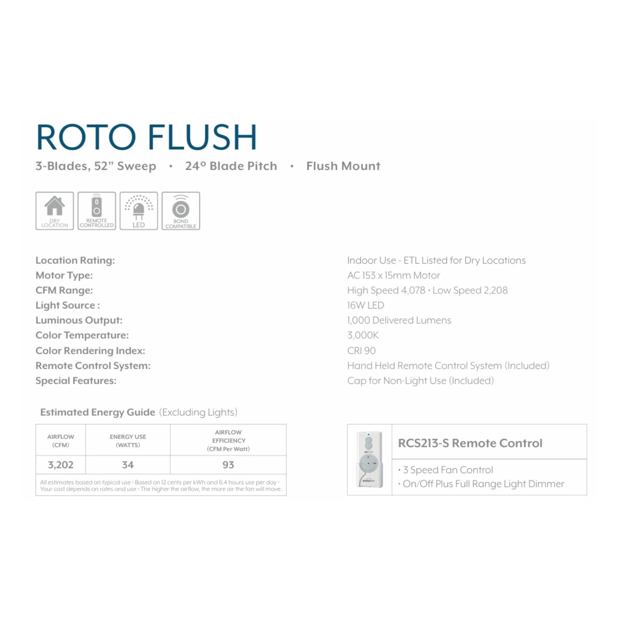 Roto Flush 52" White LED Ceiling Fan with Remote Control