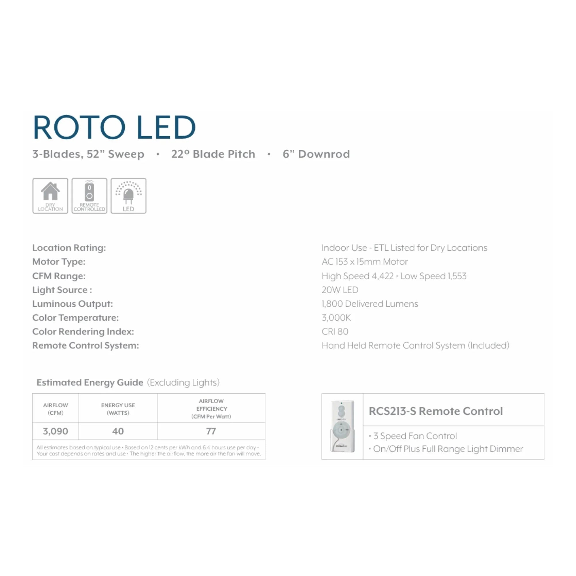 Roto LED 52" White Ceiling Fan with Etched Lens
