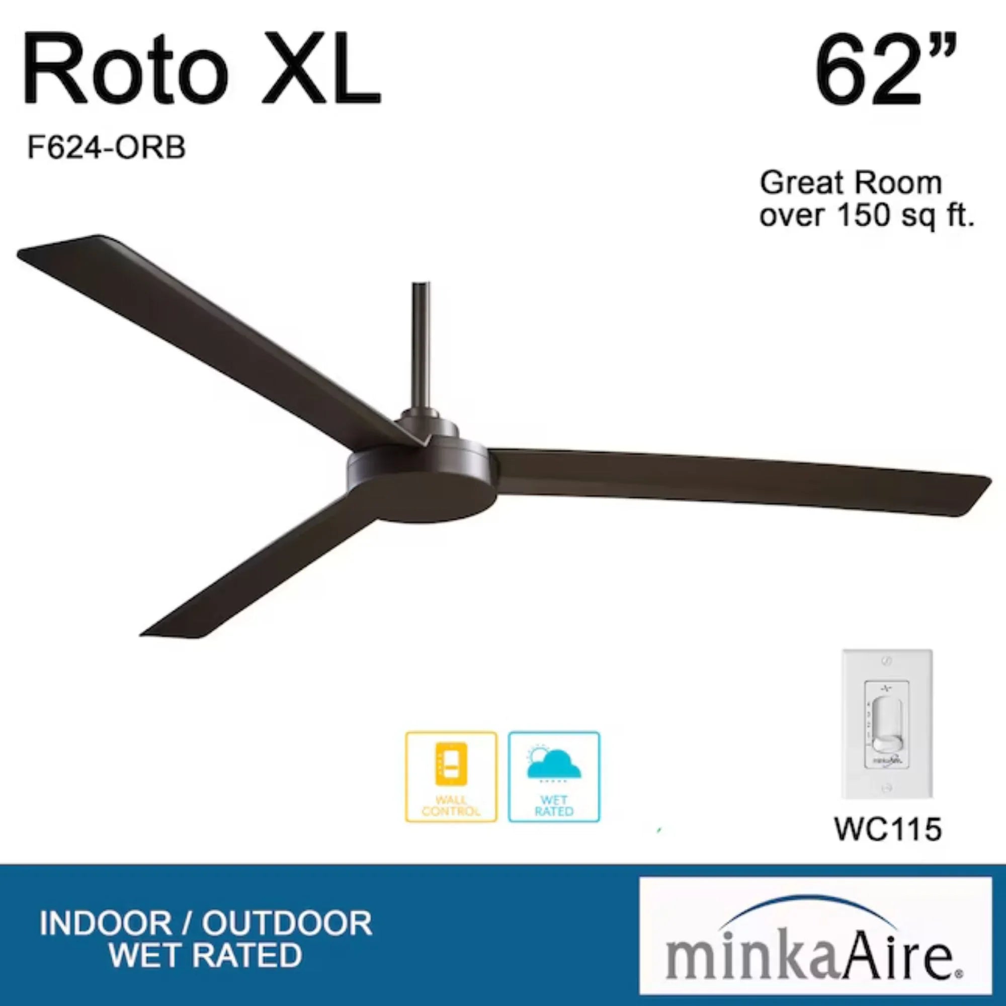 Roto XL 62" Bronze Wet Rated Ceiling Fan with Wall Control