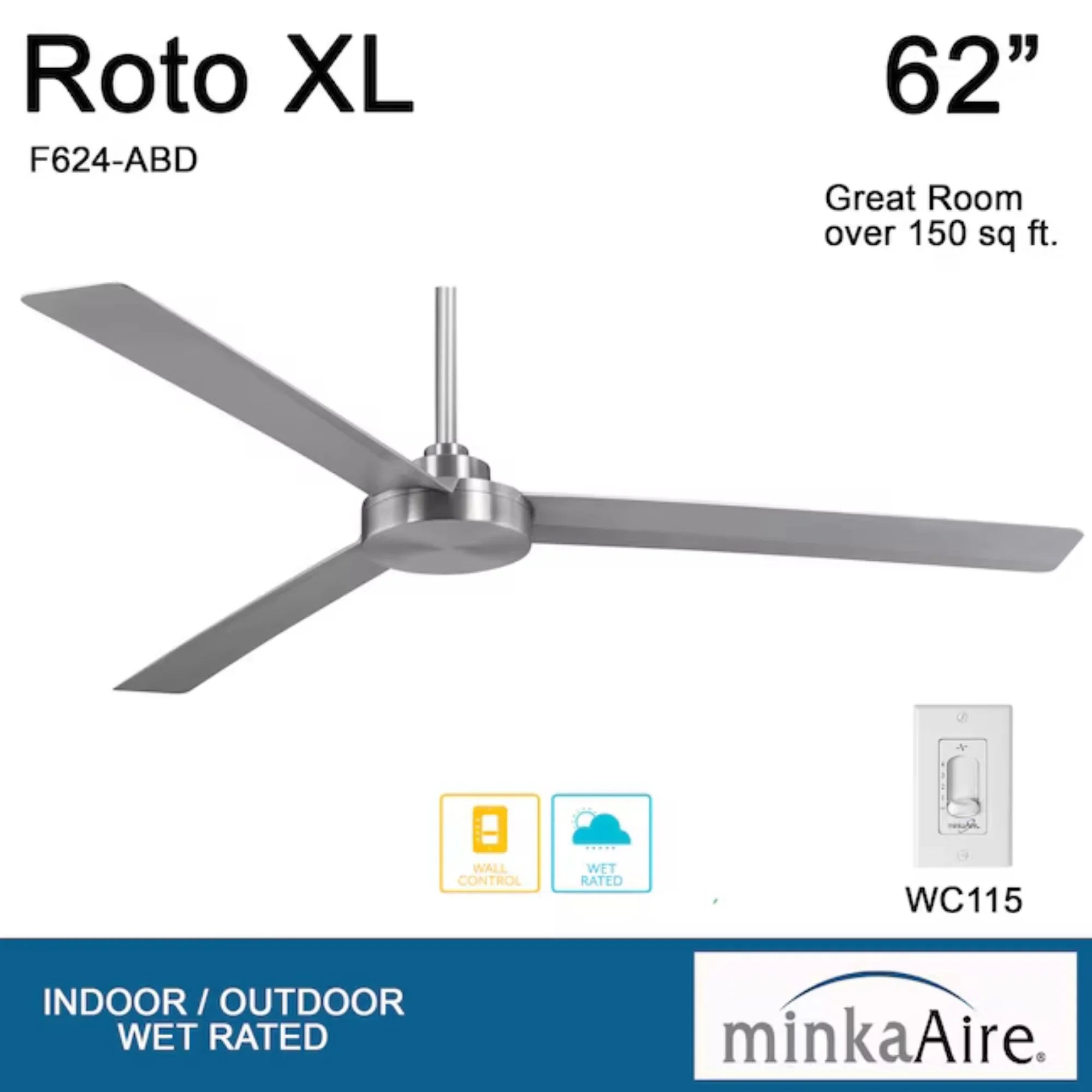 Roto XL 62" Aluminum Wet Rated Ceiling Fan with Wall Control
