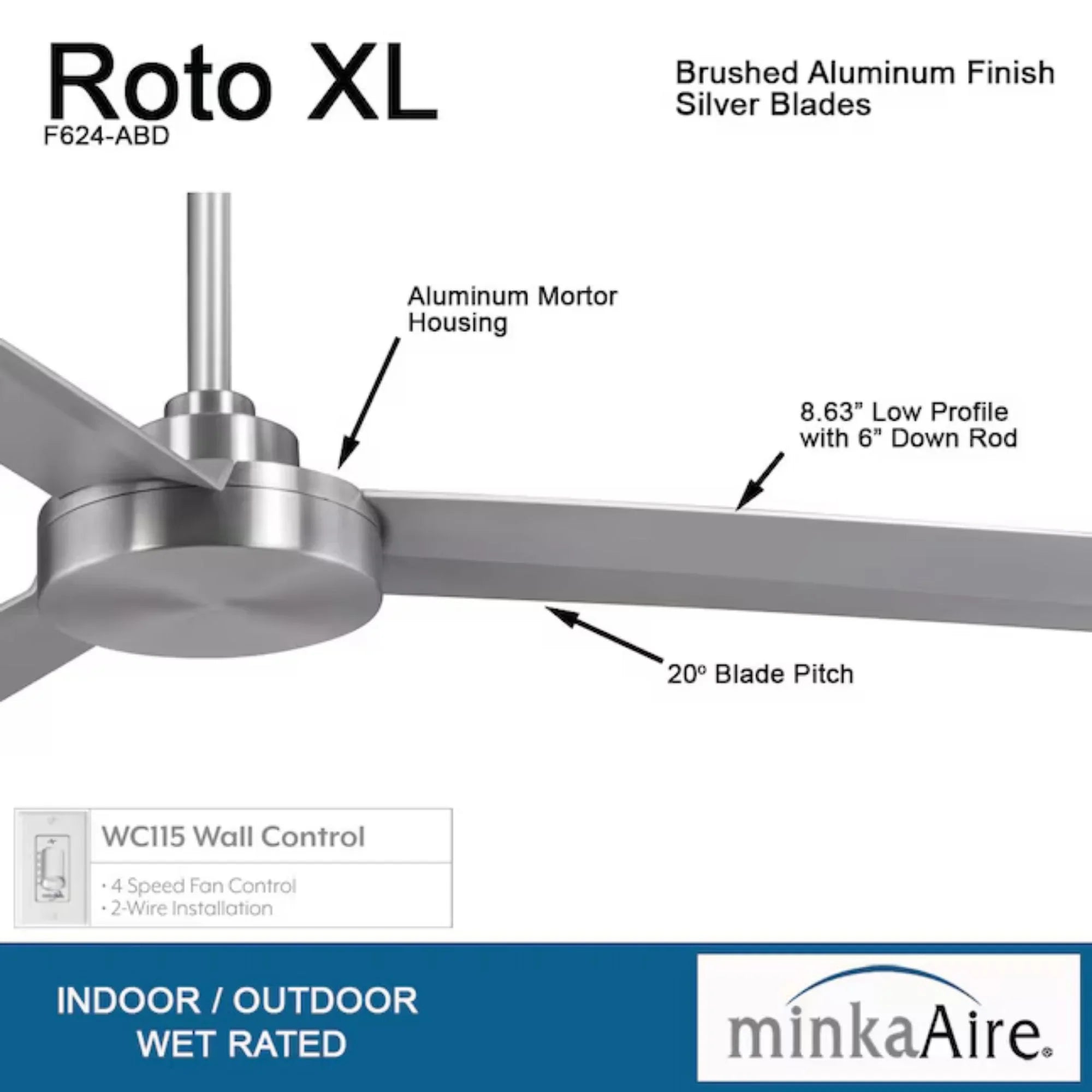 Roto XL 62" Aluminum Wet Rated Ceiling Fan with Wall Control