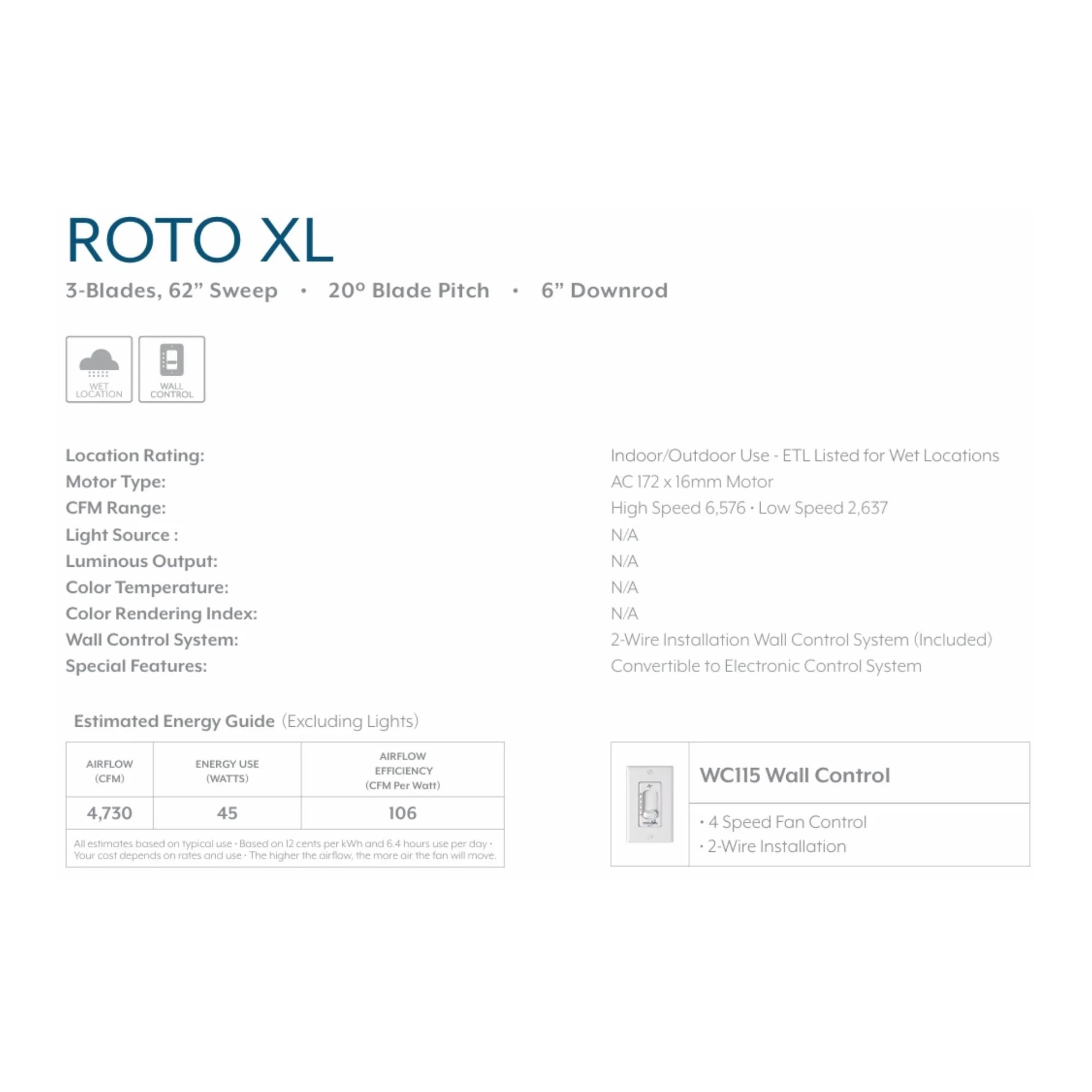 Roto XL 62" Aluminum Wet Rated Ceiling Fan with Wall Control