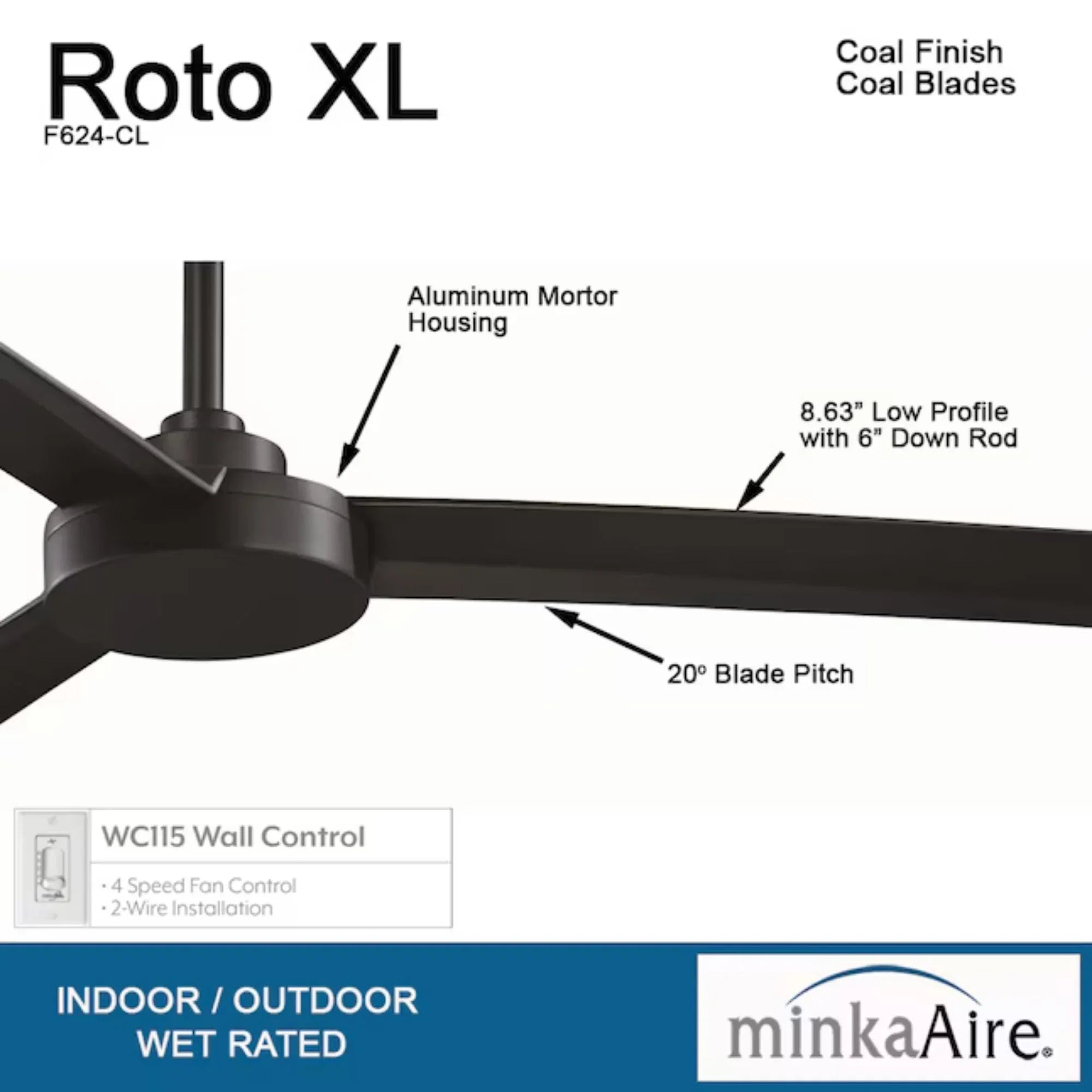 Roto XL 62" Black Coal Wet Rated Ceiling Fan with Wall Control