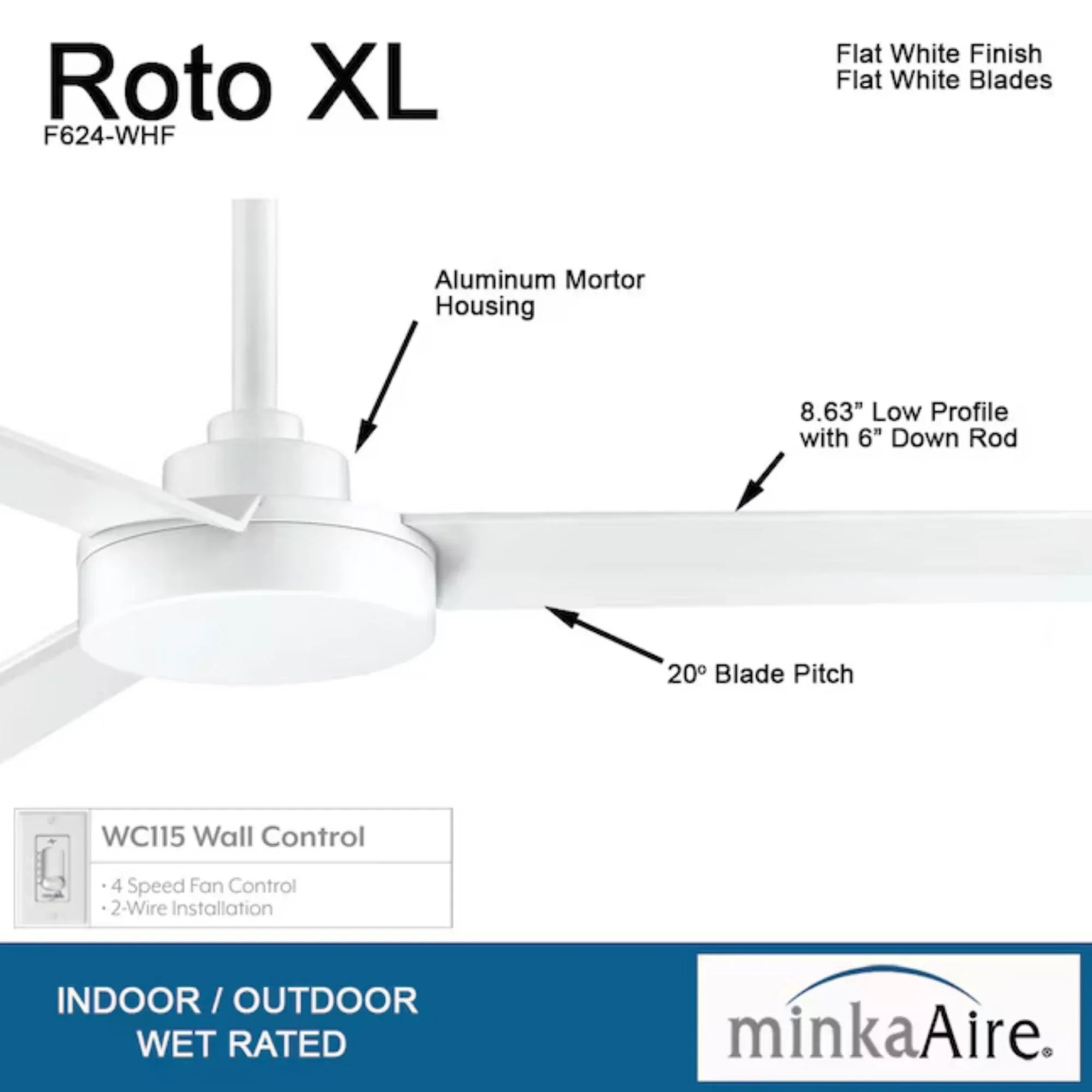 Roto XL 62" White Wet Rated Ceiling Fan with Wall Control