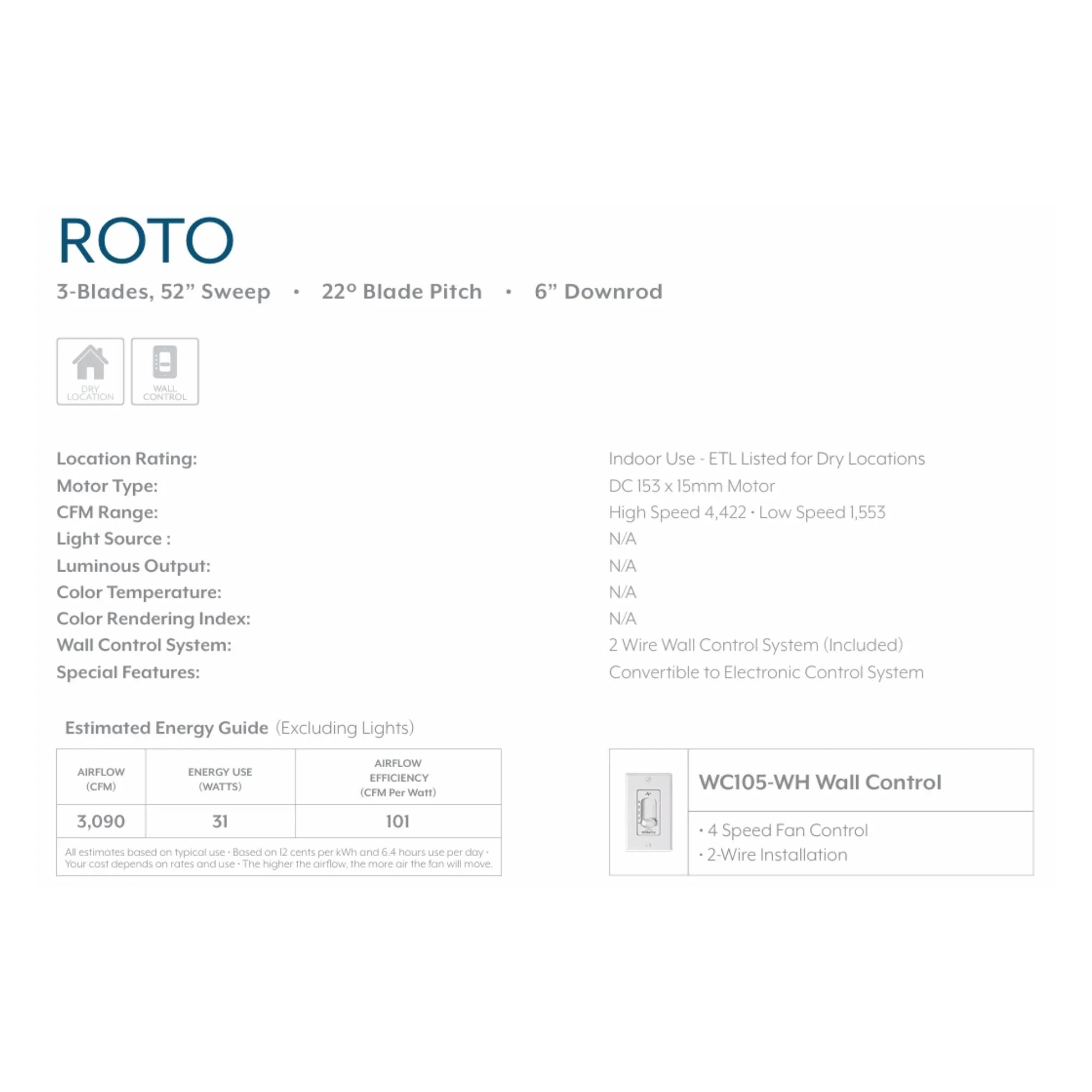 Roto 52" White Ceiling Fan with Wall Control
