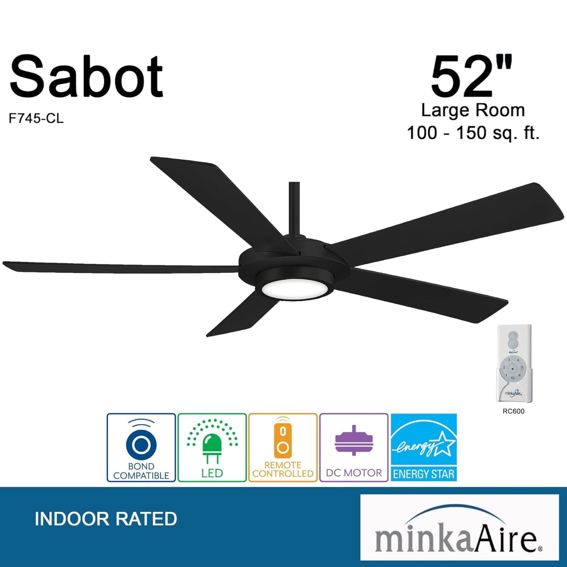 Sabot LED 52" Black Coal Ceiling Fan with Remote - Bees Lighting
