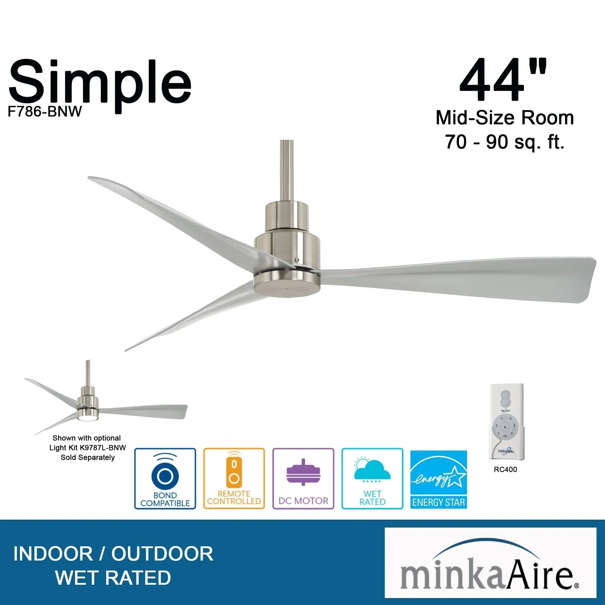 Simple 44" Nickel Wet Rated Ceiling Fan with Remote