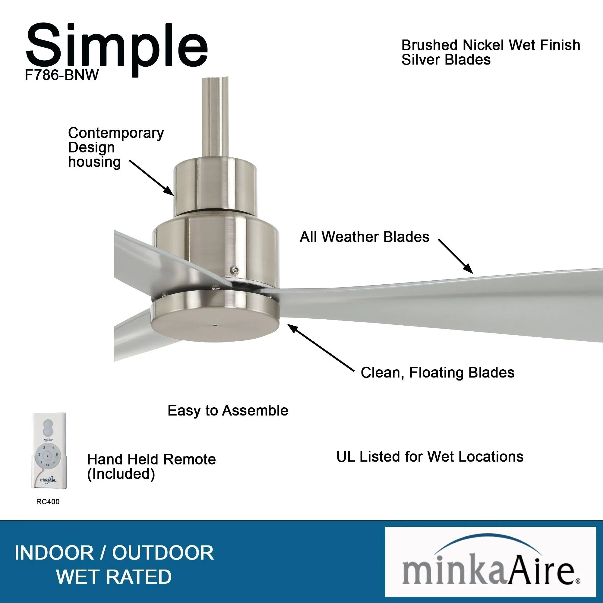 Simple 44" Nickel Wet Rated Ceiling Fan with Remote