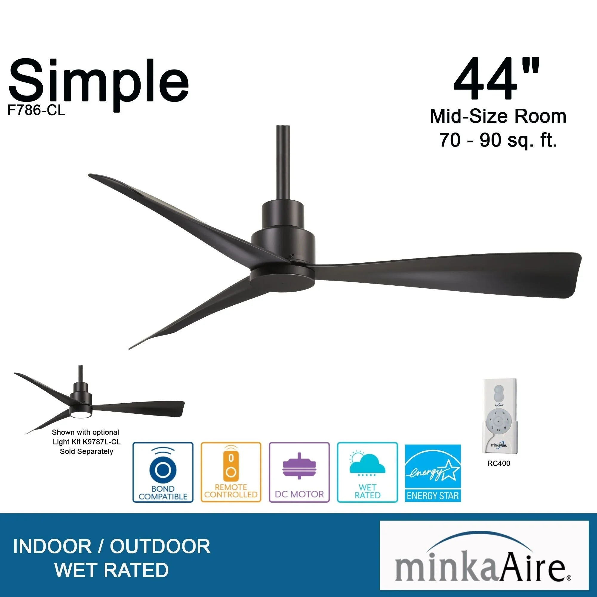 Simple 44" Black Coal Wet Rated Ceiling Fan with Remote