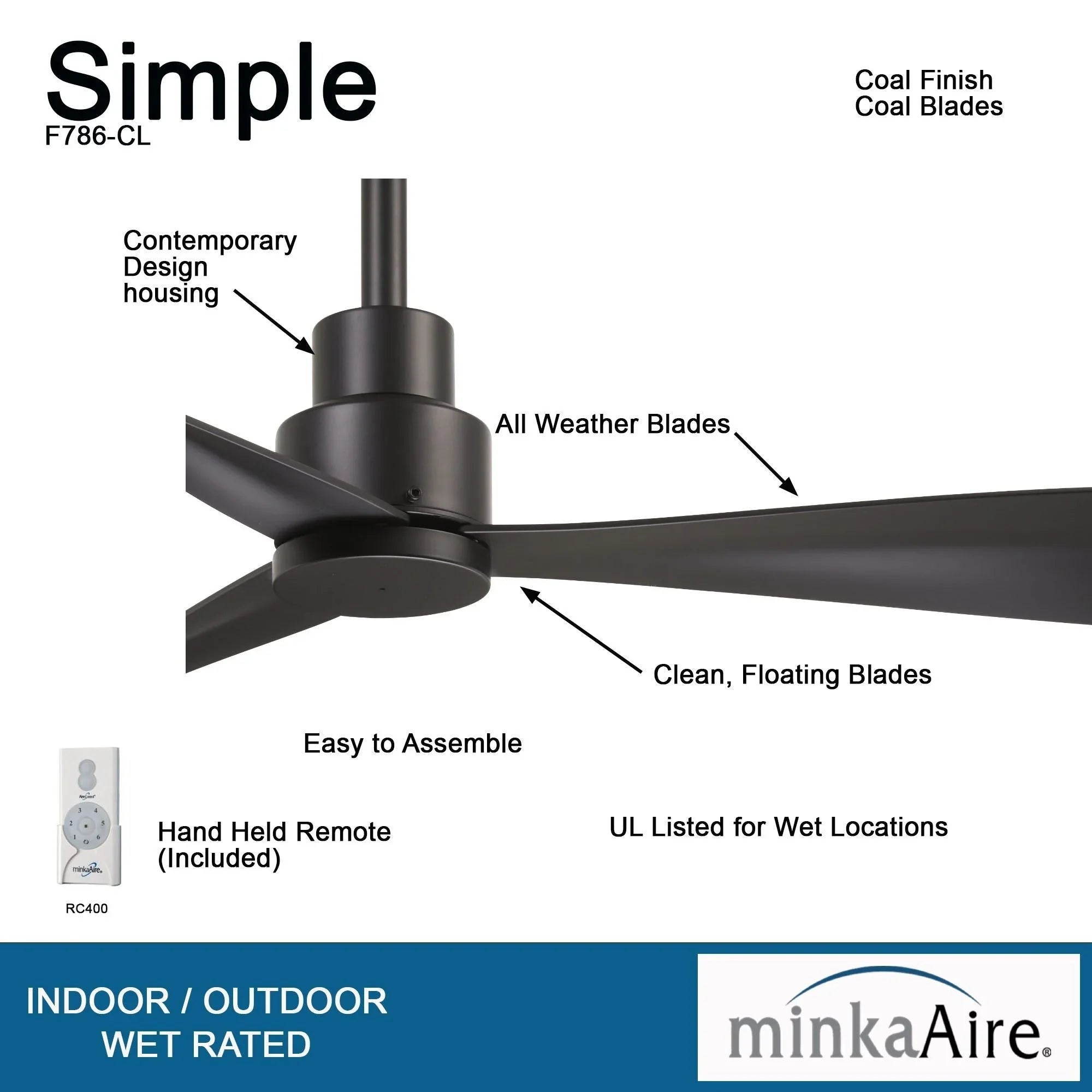 Simple 44" Black Coal Wet Rated Ceiling Fan with Remote