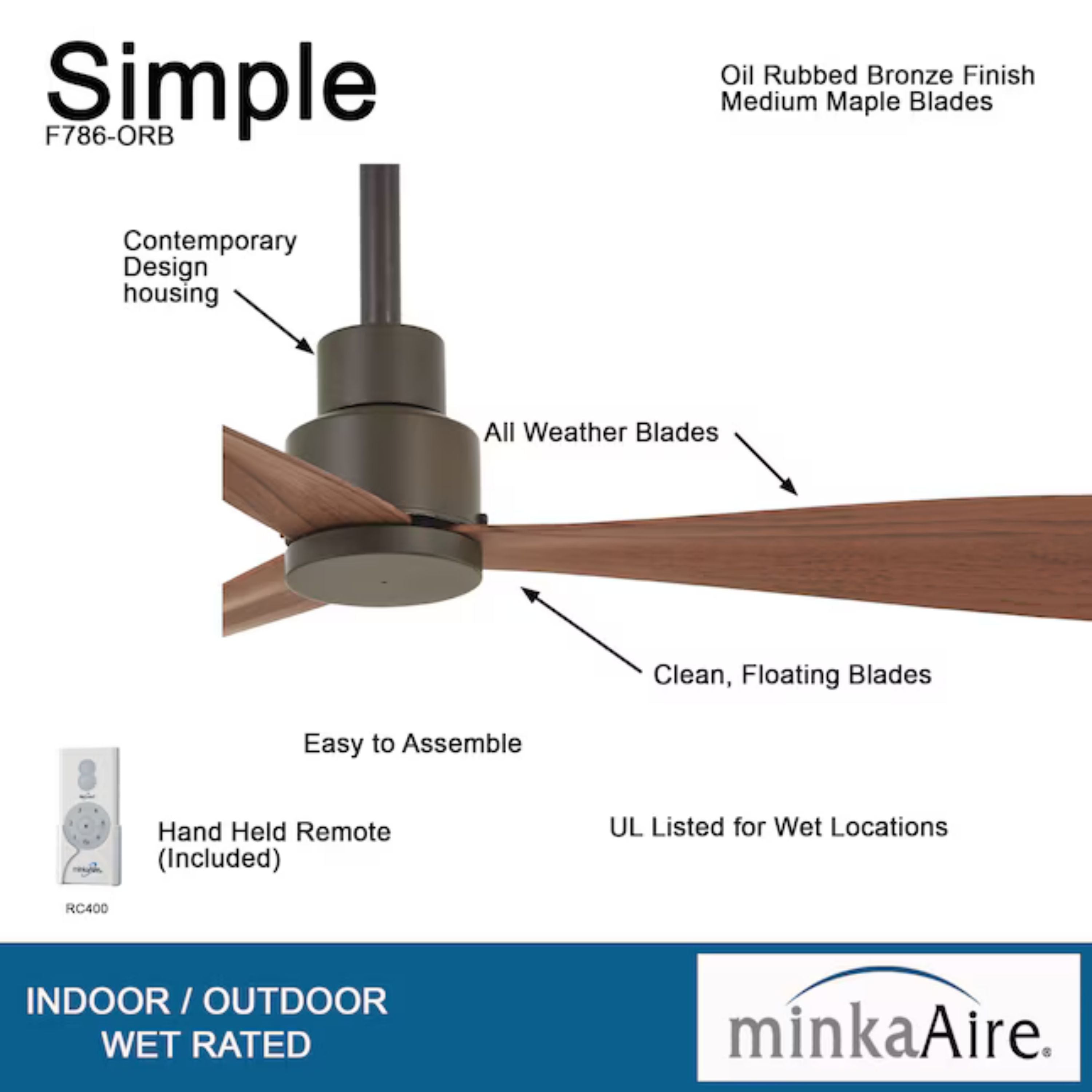Simple 44" Bronze Wet Rated Ceiling Fan with Remote