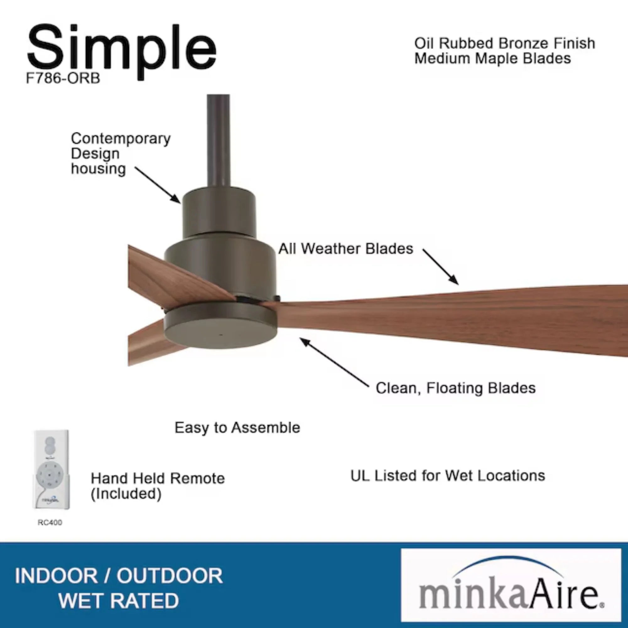 Simple 44" Bronze Wet Rated Ceiling Fan with Remote