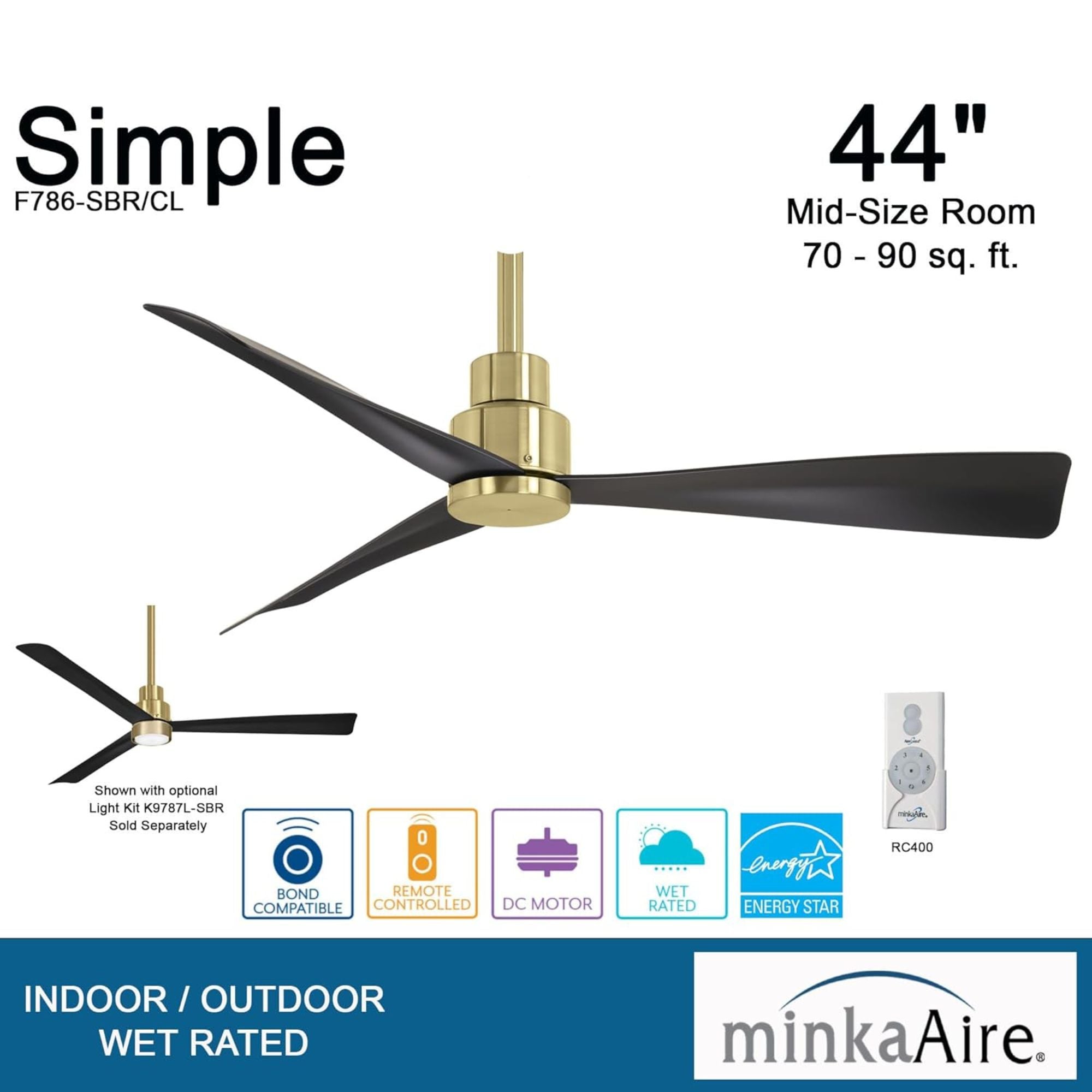 Simple 44" Brass & Black Coal Wet Rated Ceiling Fan with Remote - Bees Lighting