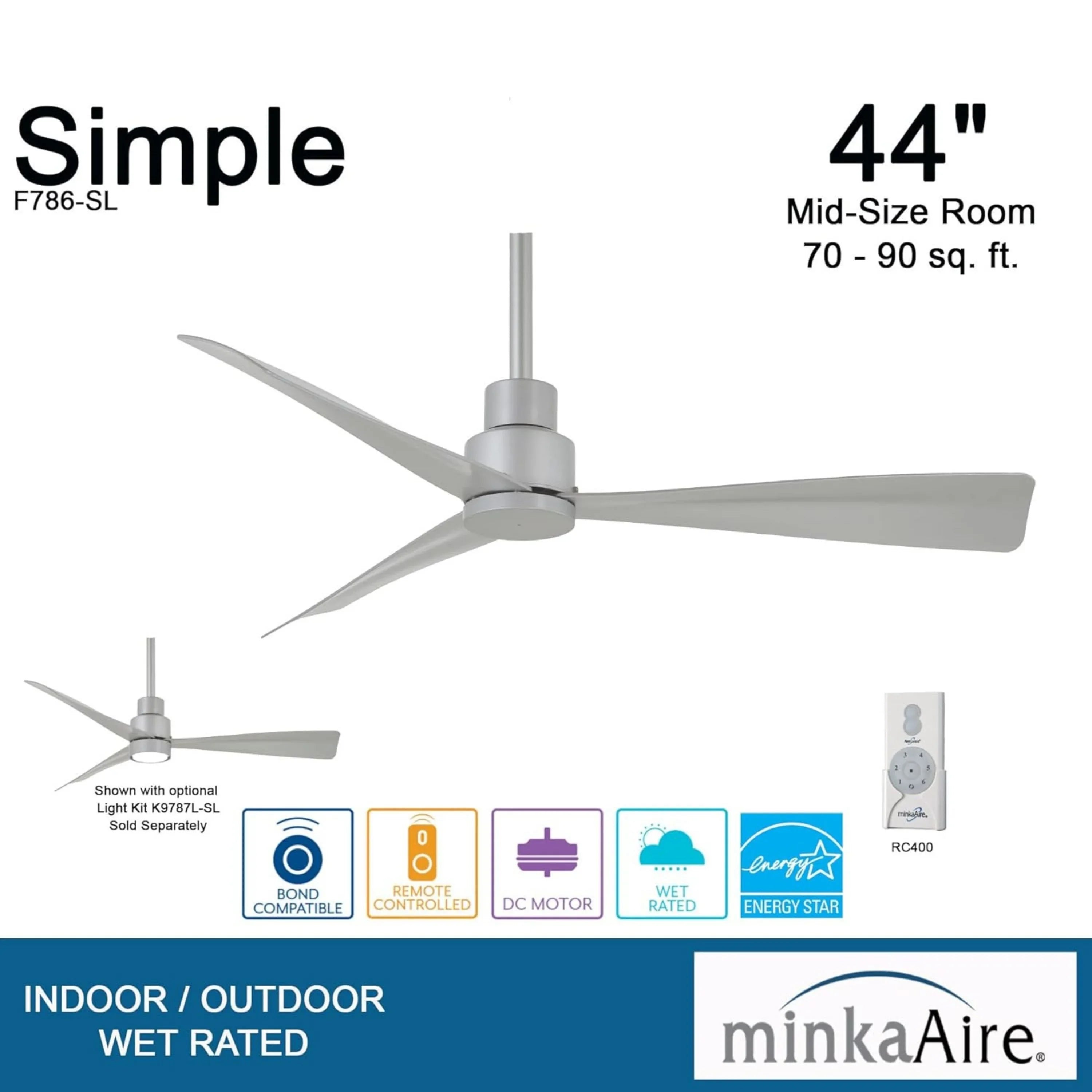 Minka Aire - Simple 44" Silver Wet Rated Ceiling Fan with Remote | Bees Lighting