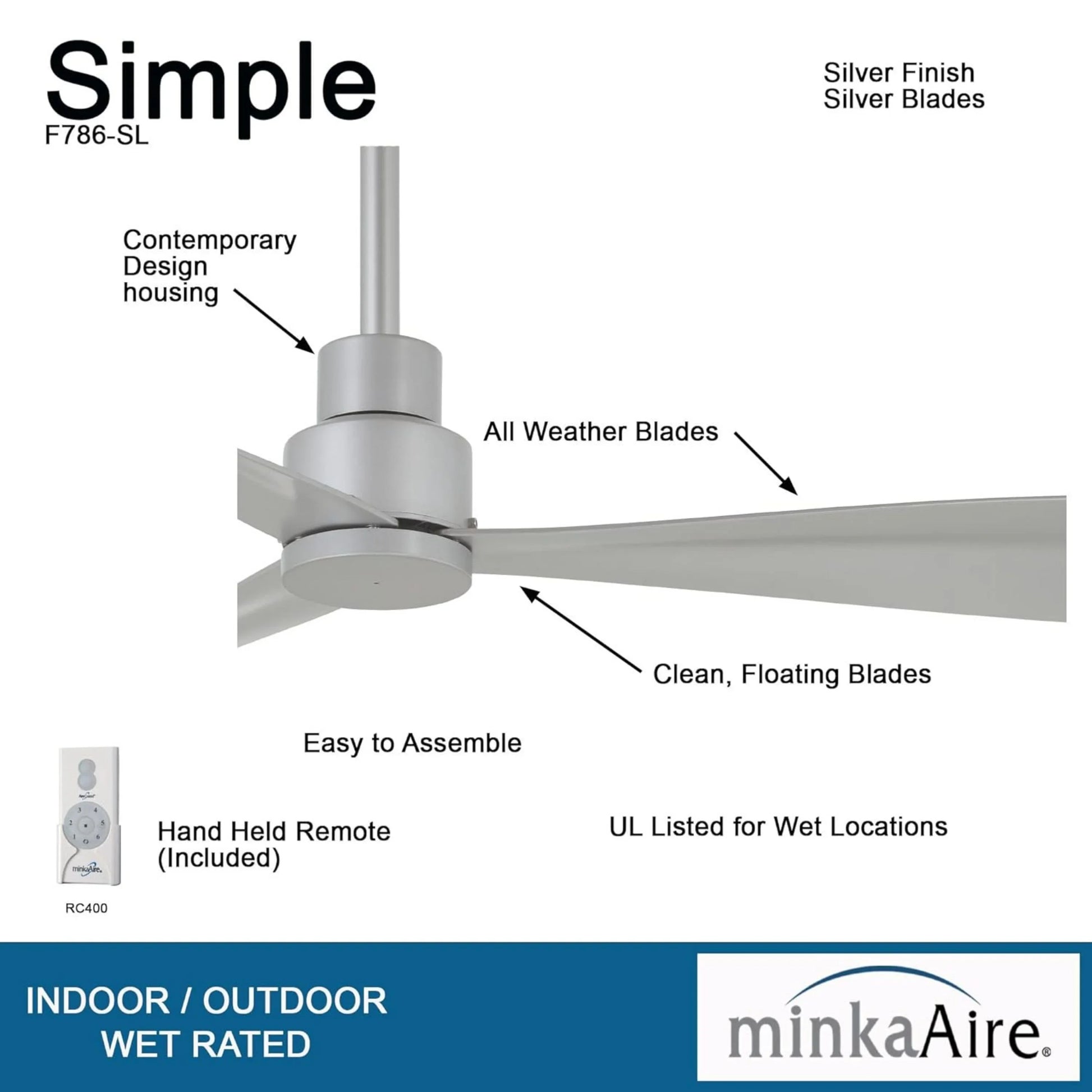 Minka Aire - Simple 44" Silver Wet Rated Ceiling Fan with Remote | Bees Lighting