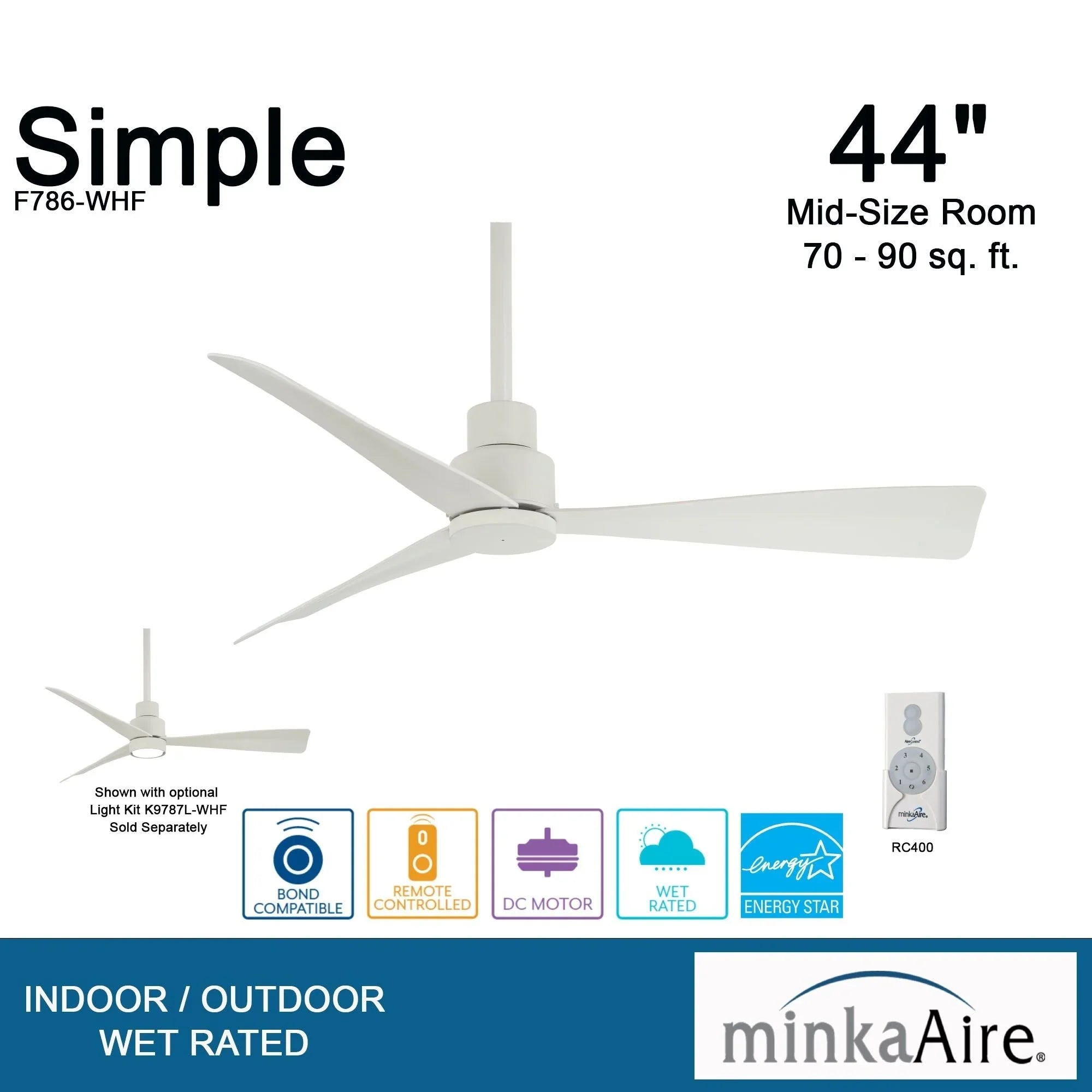 Simple 44" White Wet Rated Ceiling Fan with Remote